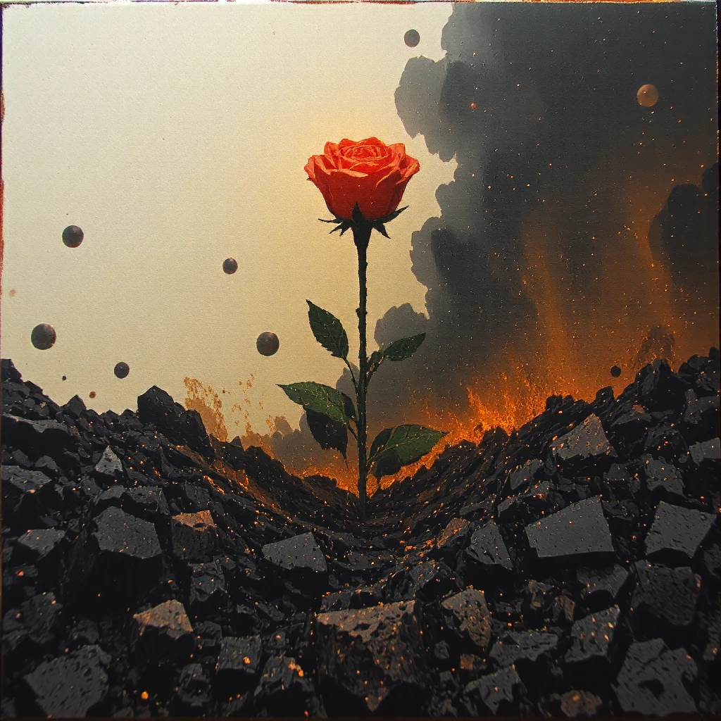Mixed Media, Longing for Love Amid the Flames of Despair: A single rose blooming in the ashes of a ruined landscape.