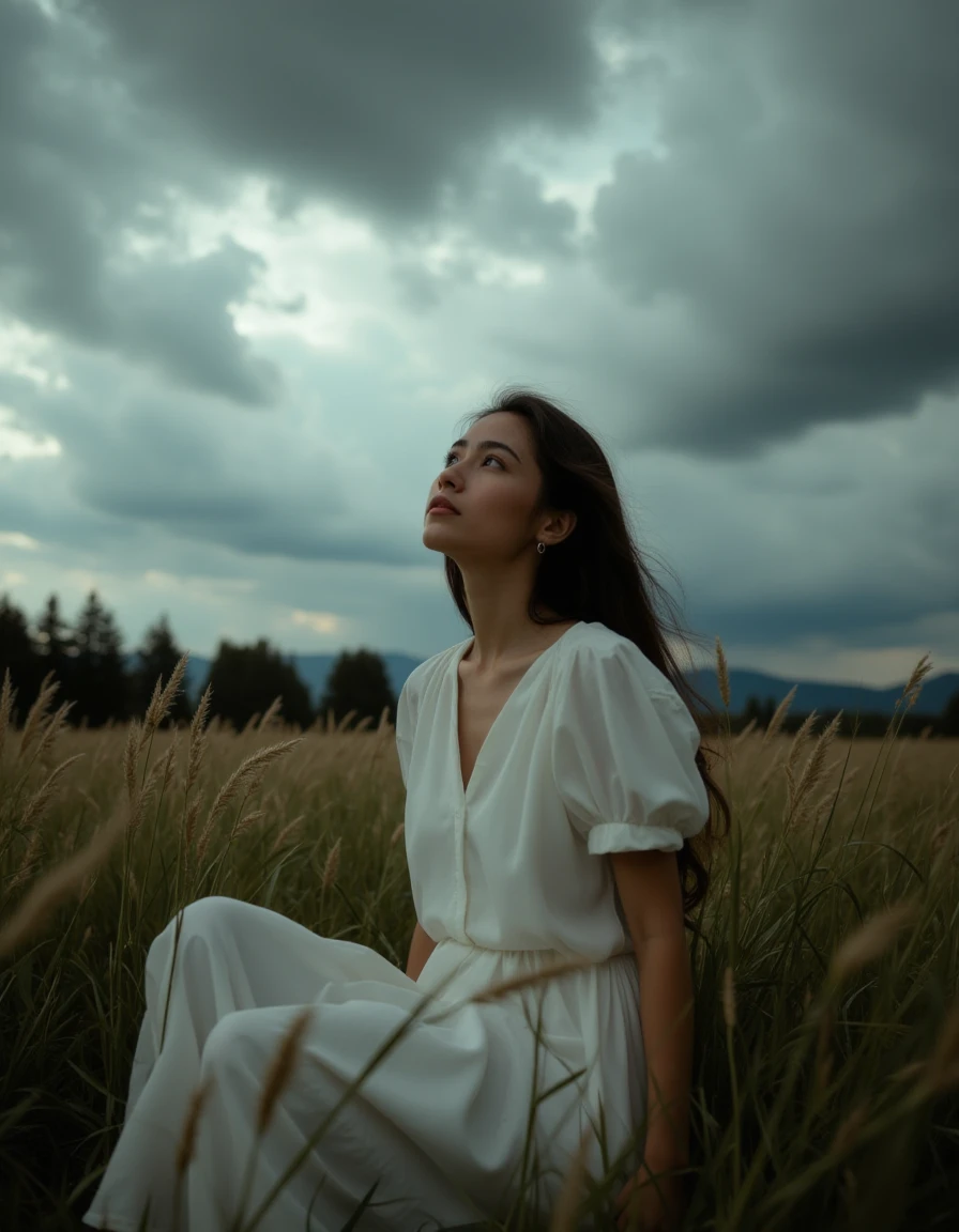 A creative portrait of a woman seated in a field of tall grass under a dramatic, stormy sky. She wears a minimalist white dress, contrasting sharply with the dark, rolling clouds above. The camera is angled from below, capturing her upward gaze toward the sky, her expression calm yet resolute. The grass surrounding her moves in the wind, creating a sense of motion, while distant trees and mountains fade into the horizon. The scene is rich in contrast, with the soft, flowing details of her dress juxtaposed against the powerful, ominous backdrop of nature.   <lora:Copax_Realistic_Dreamlight_fp8:1>