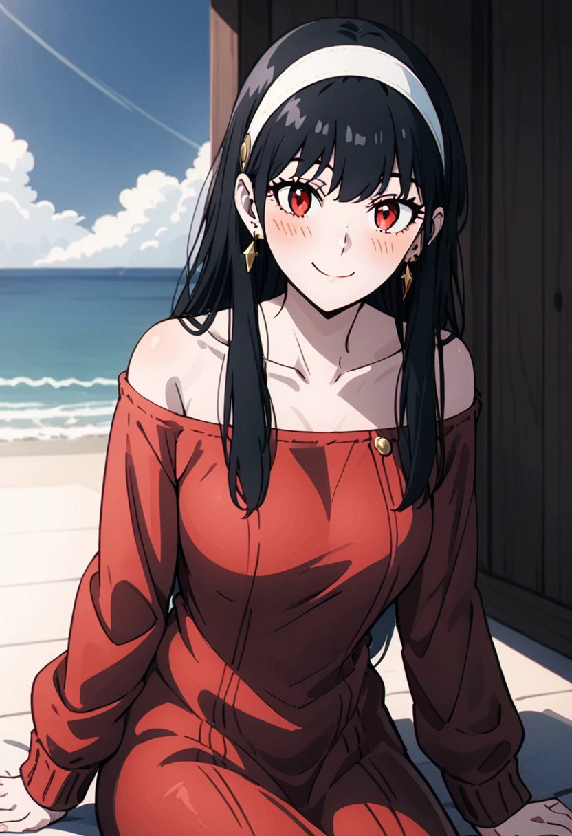 s4yorx ,1girl, solo, red eyes, black hair, hairband, , smile, sitting, red sweater, looking at viewer,STANDING , sweater, SEA BEACH IN background, off shoulder, off-shoulder sweater, BLUE SKY background, white hairband,, bare shoulders, collarbone, sidelocks, long hair, closed mouth, dress, long sleeves, breasts, sweater dress, , jewelry, earrings, blush, off-shoulder dress,SMILING,BEST LIGHTING ,BLOOM LIGHTING,