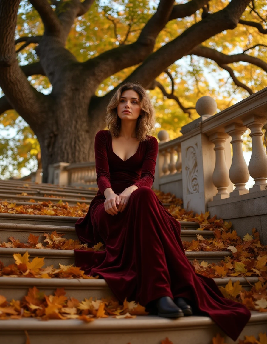 An elegant woman sitting on a marble staircase covered in fallen autumn leaves, her pose exuding grace and sophistication. She wears a deep red velvet dress that contrasts with the earthy tones of the leaves scattered around her. The camera angle is from below, accentuating the intricate carvings of the staircase and the sprawling branches of a towering oak tree above. Her expression is one of quiet confidence, with her hair styled loosely to catch the golden light filtering through the foliage. The scene combines the timeless beauty of the architecture with the natural chaos of autumn.   <lora:Copax_Realistic_Dreamlight_fp8:1>