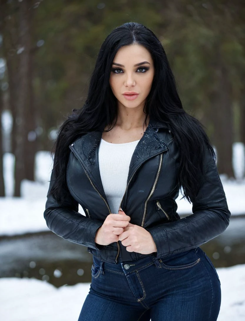 photorealistic, ohwx, 1girl, solo, black hair, eyes, eyeliner, mascara, lips, mole, long hair, voluptuous, wearing jeans, black jacket, improved <lora:Adjust:0.5>, RAW photo, best quality , subject, 8k uhd, highly detailed, realistic, high quality, <lora:AmyAnderssen_SDXL_v1-000005:0.6>, <lora:add-detail-xl:0.8>, shallow depth of field, highly detailed, bokeh, cinemascope, standing in a park, snow, snow covered