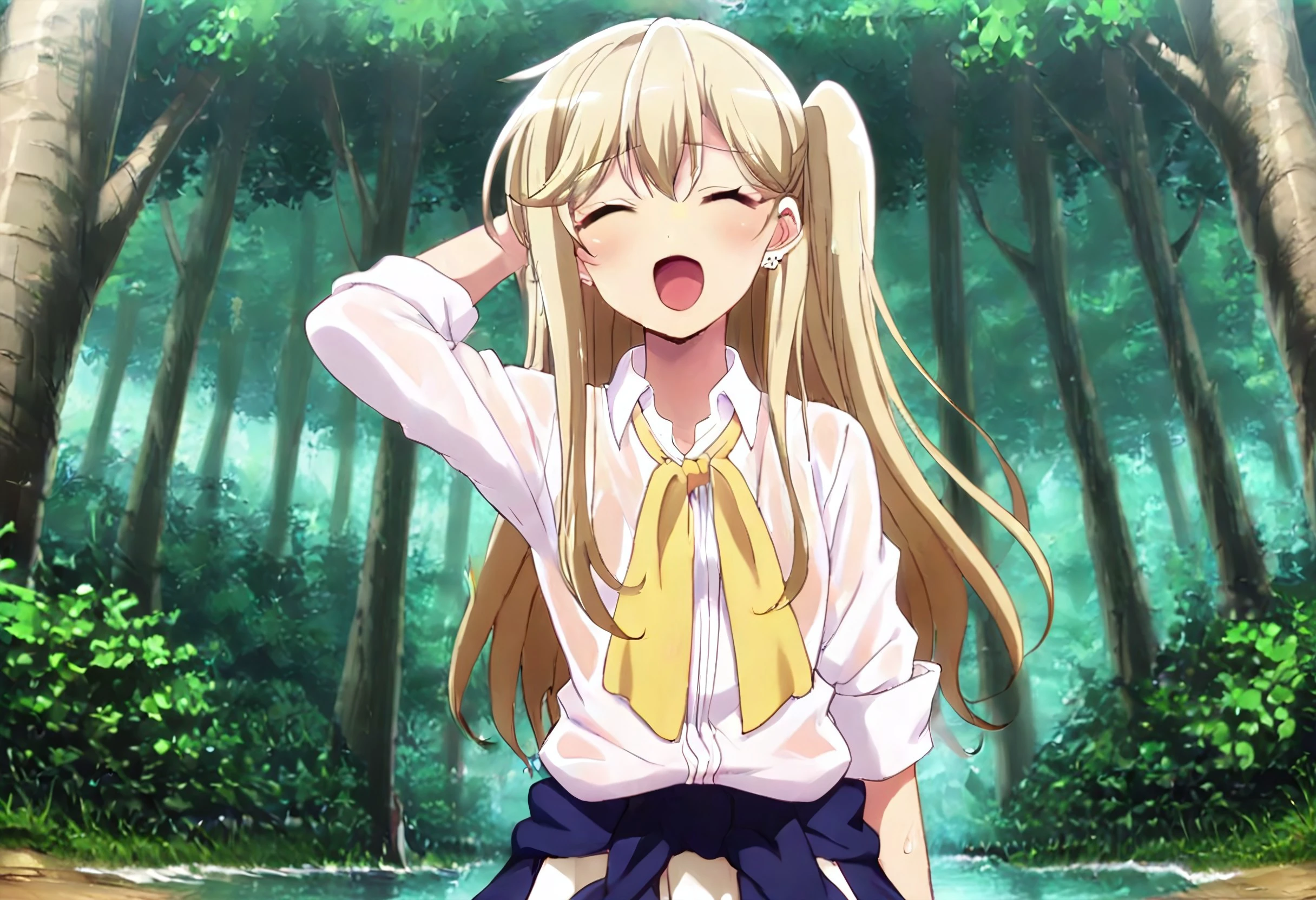 safe_pos, score_9, score_8_up, score_7_up, source_anime, prefect lighting, very aesthetic, intricate details, highly detailed background, high quality, prefect hands, best quality, skirt, socks, wariza, clothes around waist, shirt, blonde hair, school uniform, shoes, pleated skirt, kneehigts, loafers, white shirt, tree, brown footwear, black socks, earring, ribbon, day, sleeves rolled up, one side up, neck ribbon, sweater around waist, sweater, dress shirt, yellow ribbon, outdoors, lake, wet clothes, transparent shirt, purple underwear visible trought shirt, kneeling in water, partially sumerged, hand above head, shy, blush, open mouth, smile, dutch angle, closed eyes, looking at viewer, from above