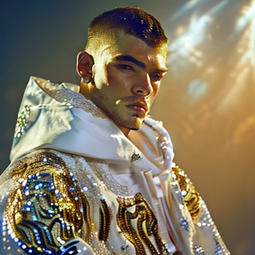 dark skin, neoclassicism, warm lighting, hoodie, solo, shallow depth of field, robe, upper body, male focus, looking at viewer, wearing ornate clothing, gold and white outfit with a hood, cape, hood down, fantasy formal clothing, jewelry, golden bokeh, hood, cool lighting, facial hair, buzz cut, white hoodie, short hair