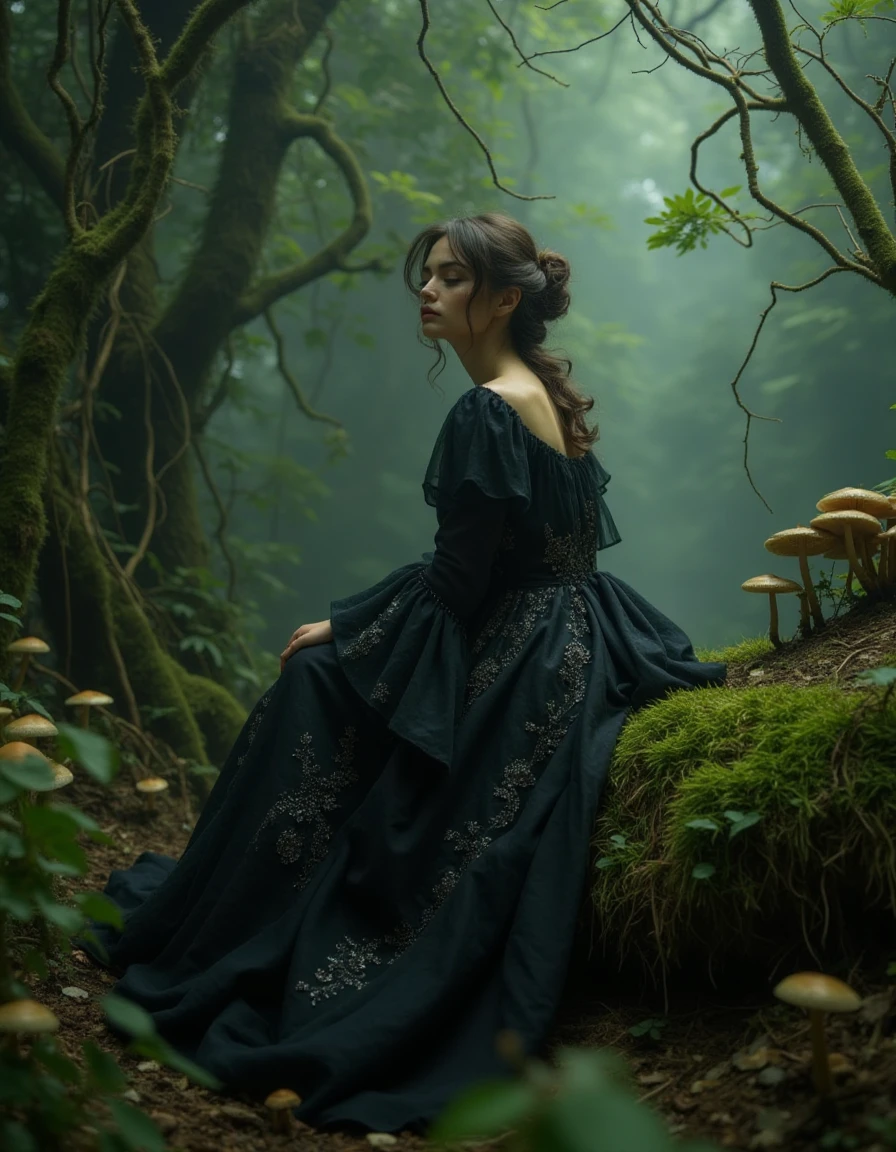 A mysterious woman seated on a moss-covered rock in the heart of an enchanted forest. She wears a long, dark, flowing gown with intricate embroidery that glistens subtly under the soft light breaking through the dense canopy above. The camera captures her from a side angle, with her face partially turned away, revealing only her profile. Around her, the forest is alive with details: twisted roots emerging from the earth, mushrooms growing in clusters, and a faint mist rising from the ground. Her expression is serene but carries an air of secrecy, as though she belongs to the forest itself.   <lora:Copax_Realistic_Dreamlight_fp8:1>