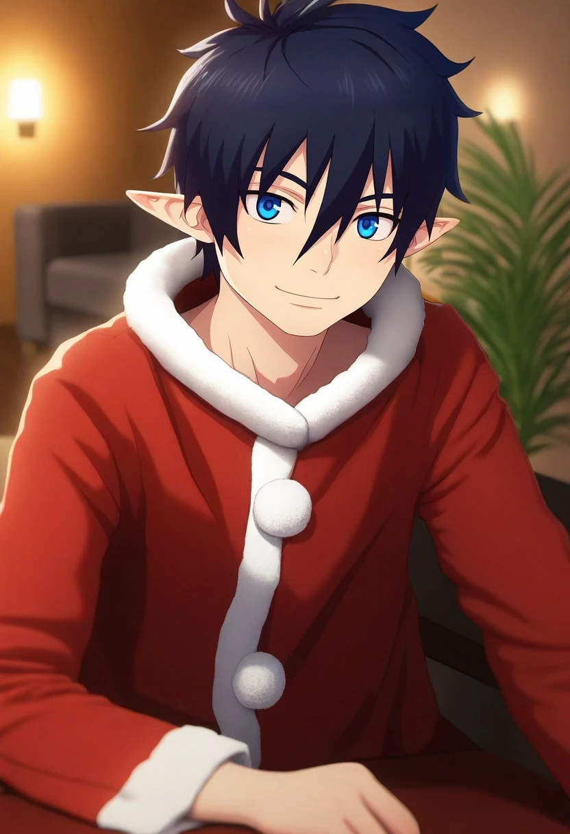 masterpiece, best quality, intricate details, (3d:0.4), , depth of field, 1boy, solo, male focus, <lora:rin_okumura_ilxl:1>, rin_okumura, black hair, blue eyes, short hair, hair between eyes, pointy ears, , , asymmetrical, living room, plant, indoors, light, arm support, smile, santa claus costume