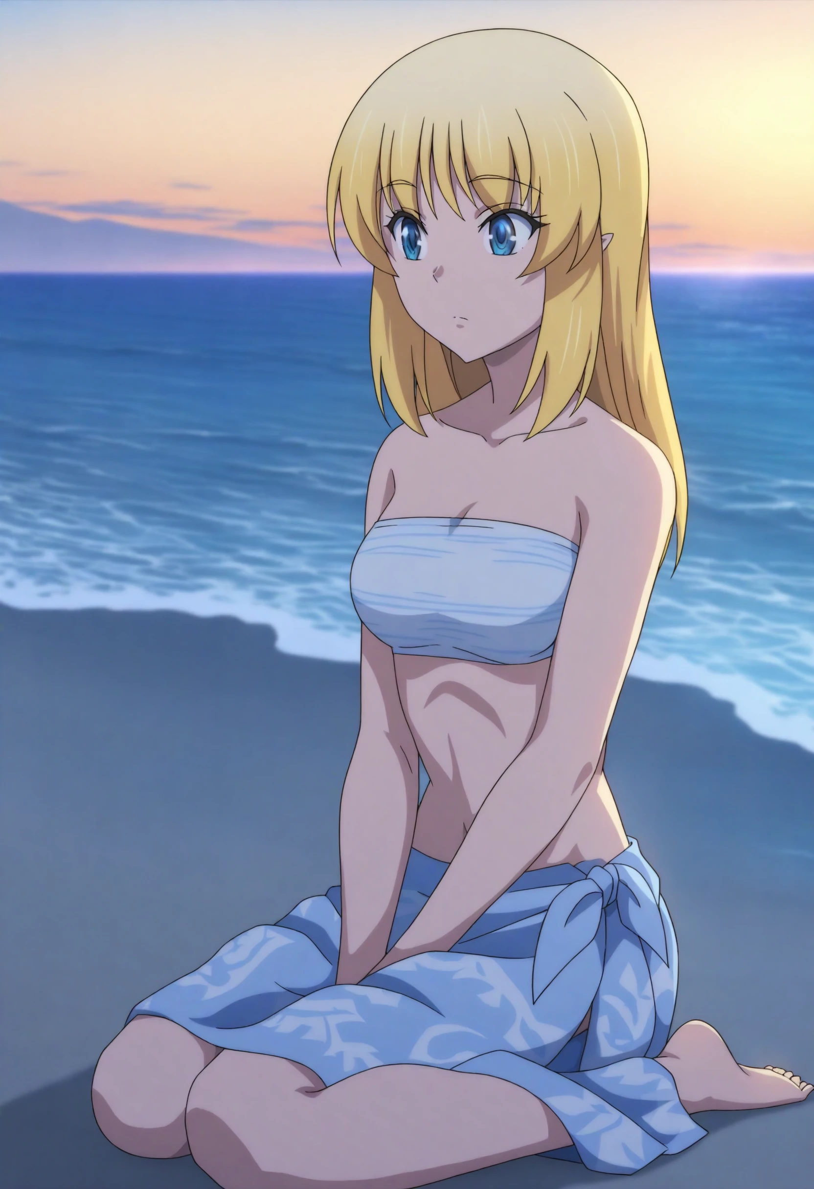 <lora:Cayna - [In the Land of Leadale] - illustriousXL v1:1>, sysdeep_cayna, blonde hair, blue eyes, beach wrap, meditating, on the sand, dawn, soft waves lapping,