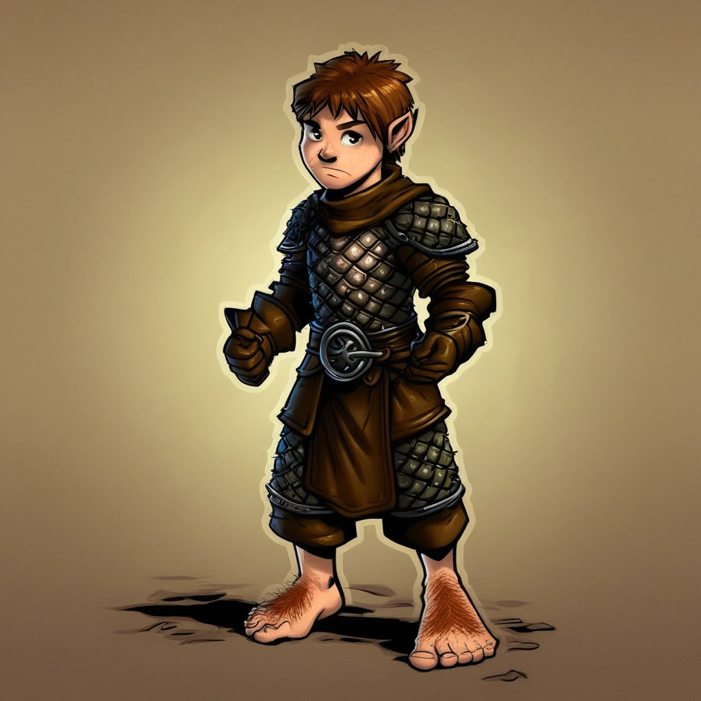 1boy, solo, halflingdnd, barefoot, leather armor, hairy feet, male focus, short brown hair