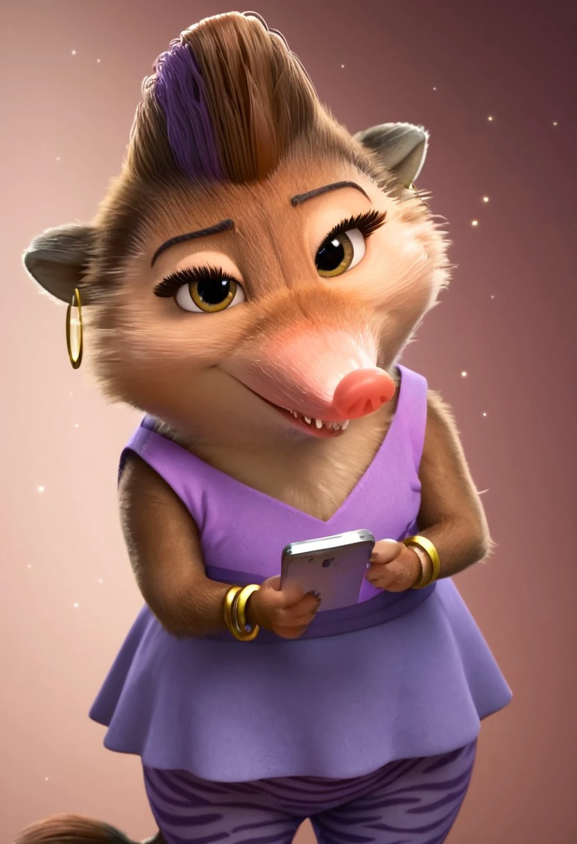 charisma_z+casual, furry, anthro, female arctic shrew, short brown hair, mohawk (one purple hair streak), tan golden-brown fur, long pink nose, big eyelashes, golden-brown eyes, golden-brown hands (four fingers), short claws, brown-gray feet, brown tail, sleeveless purple dress (light purple on front, dark purple on back), purple pants (zebra patterns), ears golden earrings (golden hoop rings), gold bracelet on right arm, score_8_up, score_7_up, BREAK, 1girl, solo, looking at phone, cute, head tilt, female focus, phone in two hands, detailed background, 4k, masterpiece, best quality, highly detailed, realistic, 3d, Expressiveh