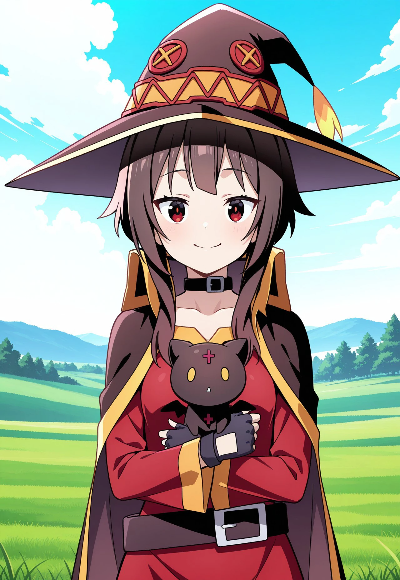 safe_pos, masterpiece, best quality, high resolution, absurdres, 1girl, Megumin, red_eyes, brown_hair, short_hair_with_long_locks, small_breasts, witch_hat, red_dress, black_cape, black_collar, black_belt, black_gloves, fingerless_gloves, upper_body, (chomusuke), black_cat, holding_cat, happy, looking_at_viewer, closed_mouth, outdoors, grass, sky, facing_viewer