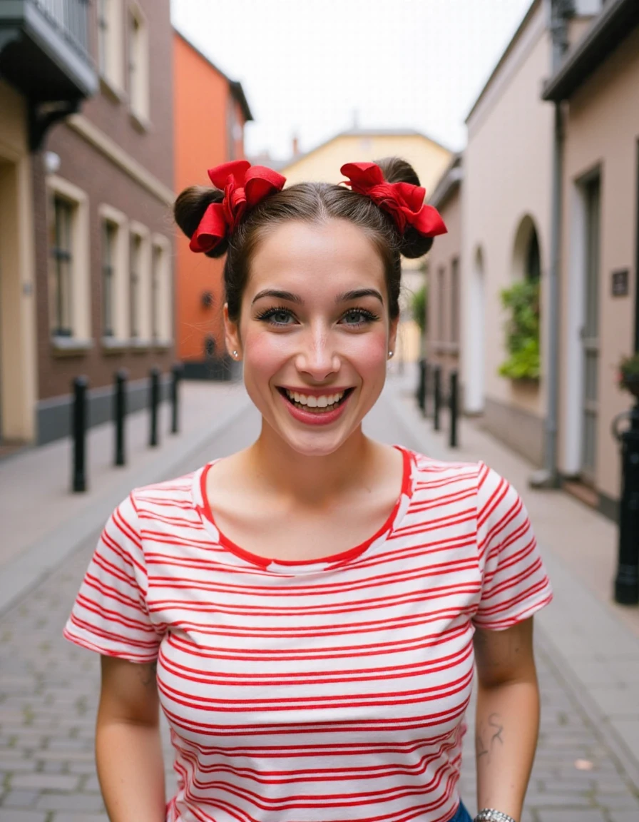 The image is a portrait of LA1A. She is standing on a cobblestone street with buildings in the background. She is wearing a red and white striped t-shirt and has a big smile on her face. Her hair is styled in with a red ribbon tied in a bow on top. She has a bracelet on her left wrist. The overall mood of the image is cheerful and playful.