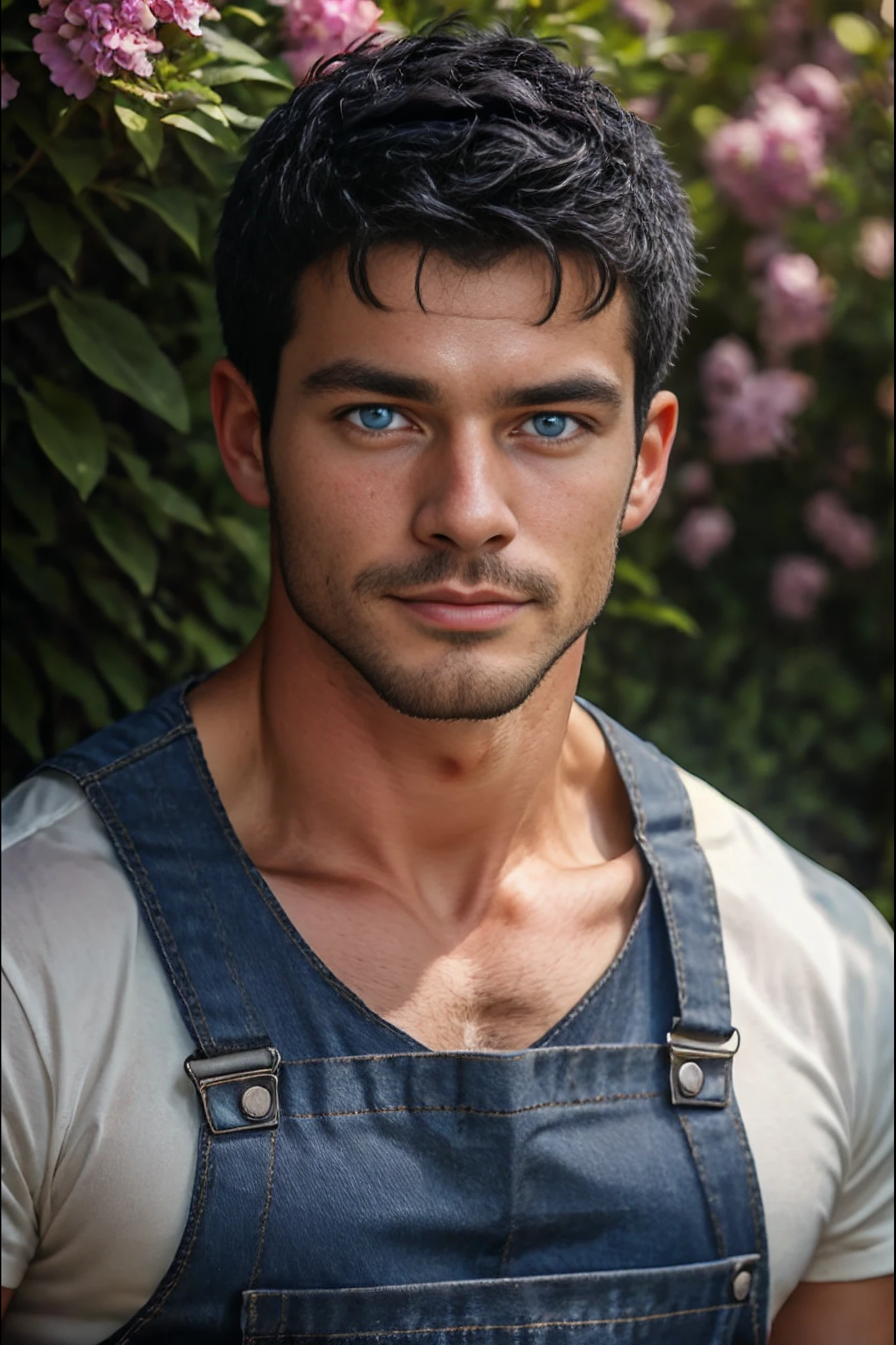 <lora:Tommy_Black_GV:1> 1man, Daddy, 35 years old, short black hair, grey at the temples, sapphire blue eyes, muscular, male focus, working in the college garden in sexy overalls face portrait