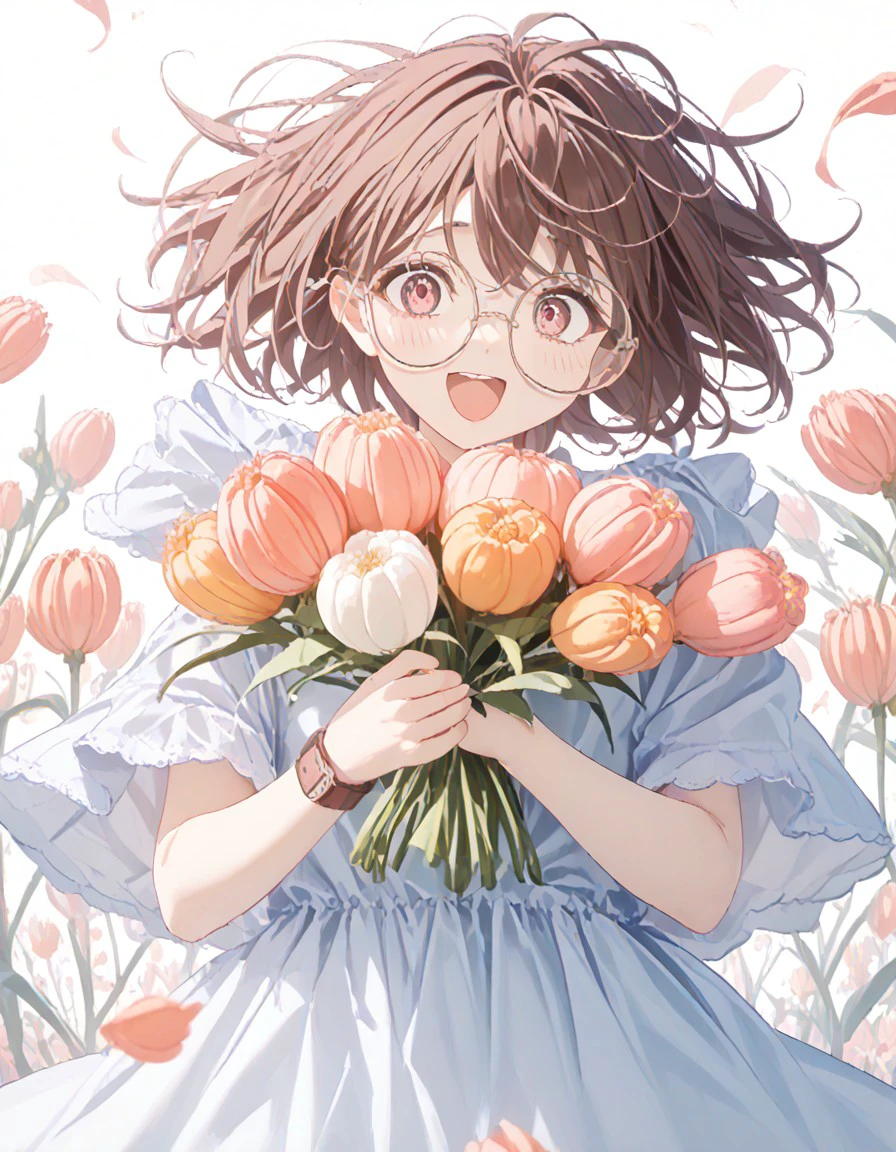 [image]
(masterpiece), best quality, 2T shot, side view, perfect face, perfect hands, (bunch of tulips, different colors, red and white and pink and yellow):1.8
[Character Appearance]
- (holding bunch in both hands)
- Female with short brown hair, pink eyes, (large clear round glasses), perfect face, small breasts
- Wearing an oversized long pale pink t-shirt, brown wrist watch
- excited
[lighting]
- bright, white background, <lora:eea8cb71-4b3c-4b27-8be6-010a624ac062:0.7>, <lora:7e7913f5-efa0-4e2b-a68f-bec37d5978d7:0.7>, <lora:6f44aa6c-dc29-49c2-9801-dd893334258e:0.7>