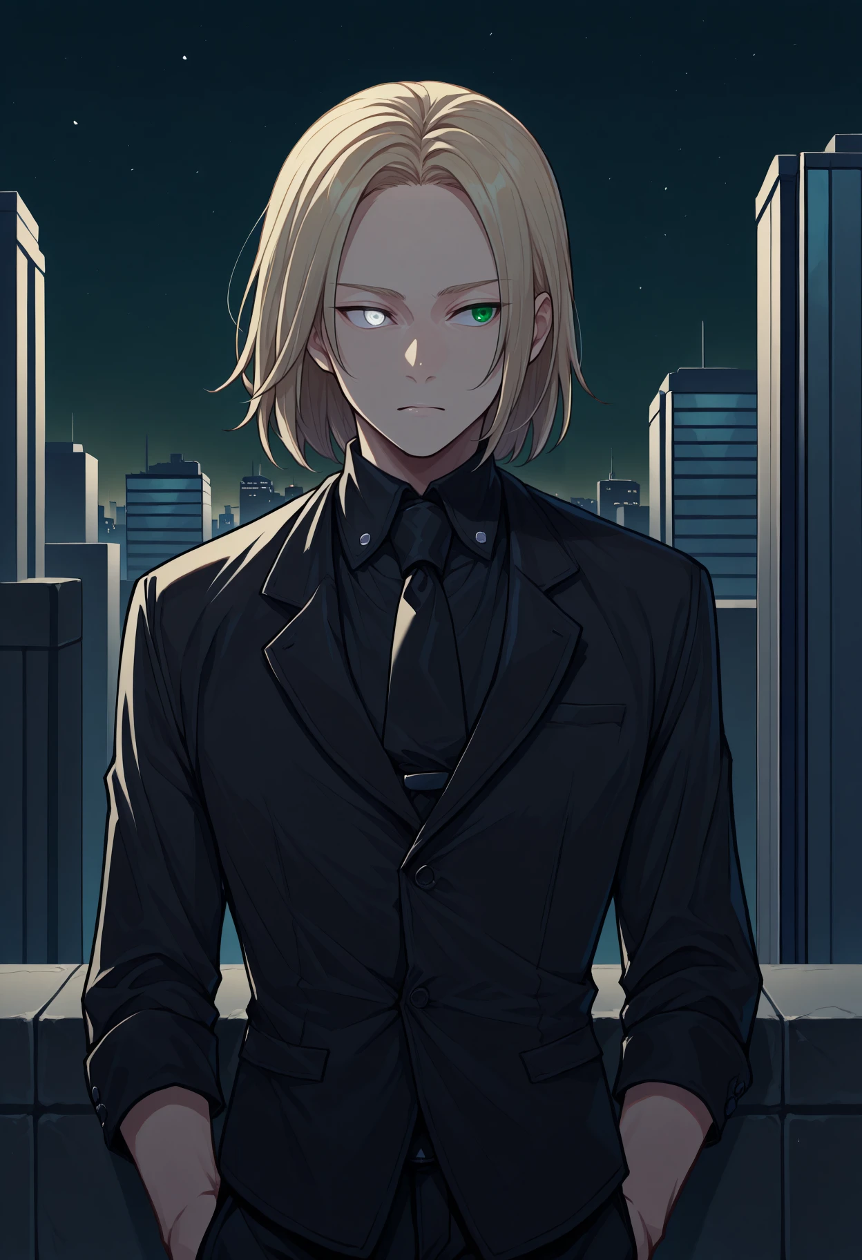 masterpiece, best quality, 1boy, solo, <lora:NSPolandHetalia:1> NSPolandMisc, medium hair, green eyes, blonde hair, androgynous, black shirt, collared shirt, black pants, black necktie, black jacket, heterochromia, (white eyes), outdoors, city, night