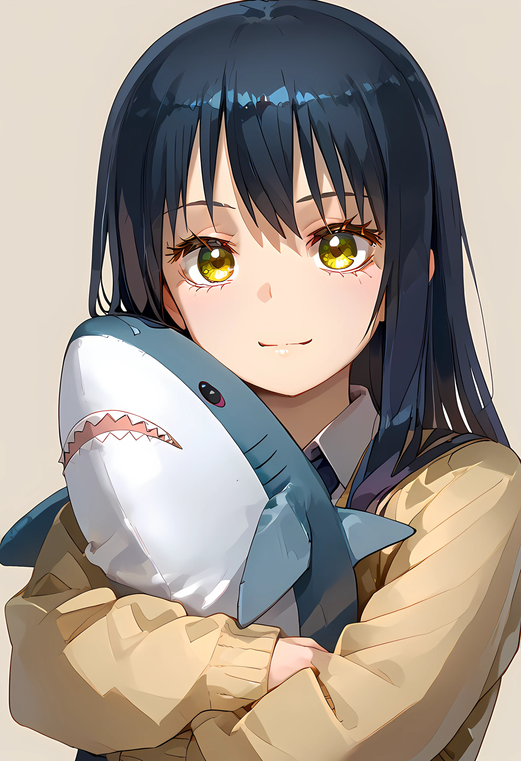 score_9, score_8_up, score_7_up, 1girl, solo, 1girl, yotsuya miko, school uniform, hugging, shark, stuffed shark, simple background, <lora:Hugging_shark:1> <lora:mieruko-chan_v0.2-pony:1>