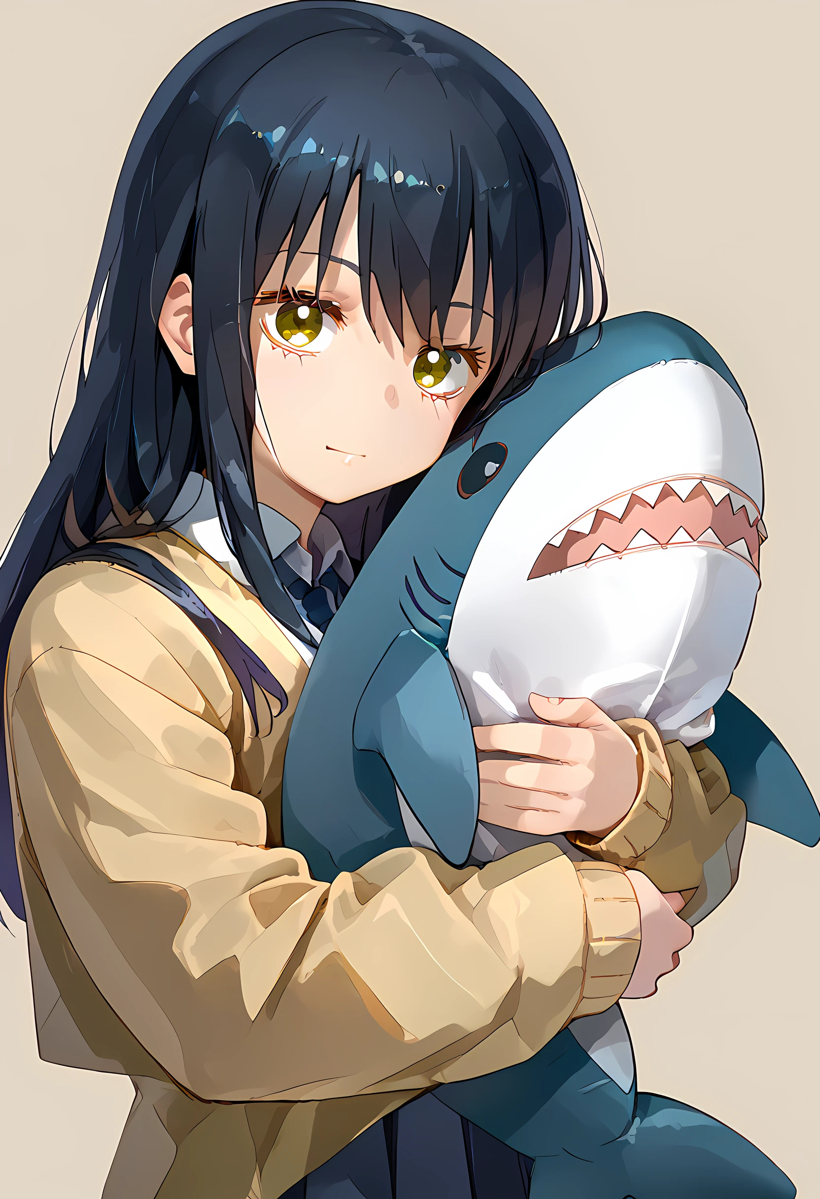 score_9, score_8_up, score_7_up, 1girl, solo, 1girl, yotsuya miko, school uniform, hugging, shark, stuffed shark, simple background, <lora:Hugging_shark:1> <lora:mieruko-chan_v0.2-pony:1>