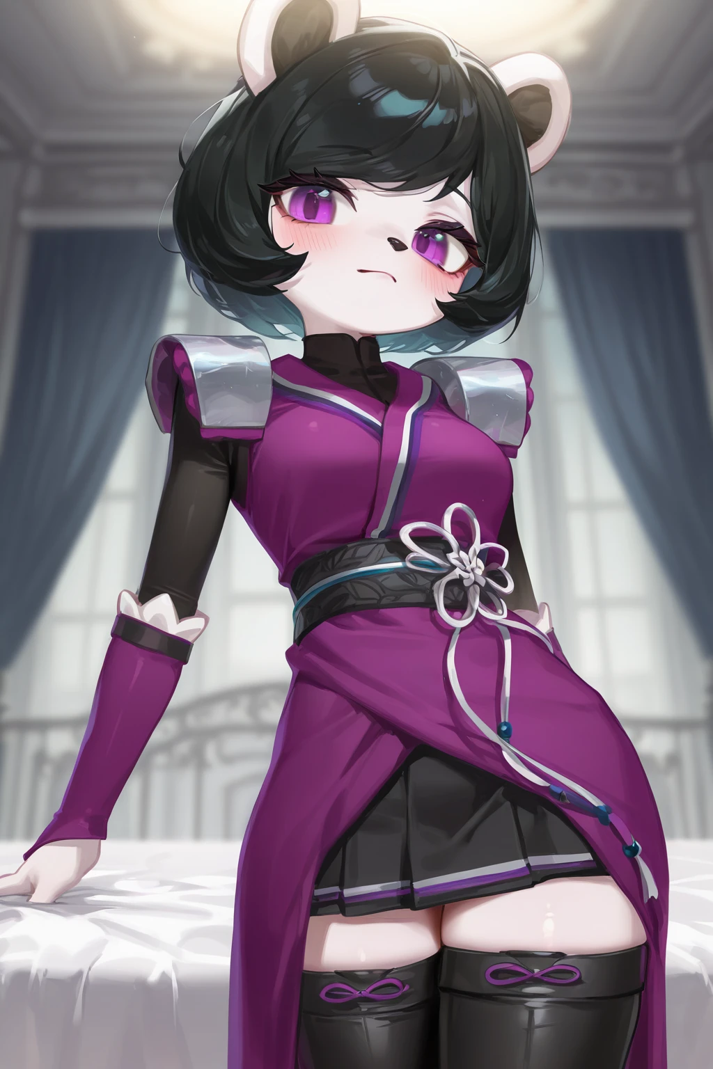 feminine, masterpiece, best quality, newest, absurdres, highres, furry, neera li, black knee-high boots, purple sleeves, purple robe with black and white straps, brocade knot, silver shoulder pads with purple accents, black bodysuit under robe, black skirt underneath robe
BREAK
bed, dynamic background,  <lora:Neera_Li_IL:1>