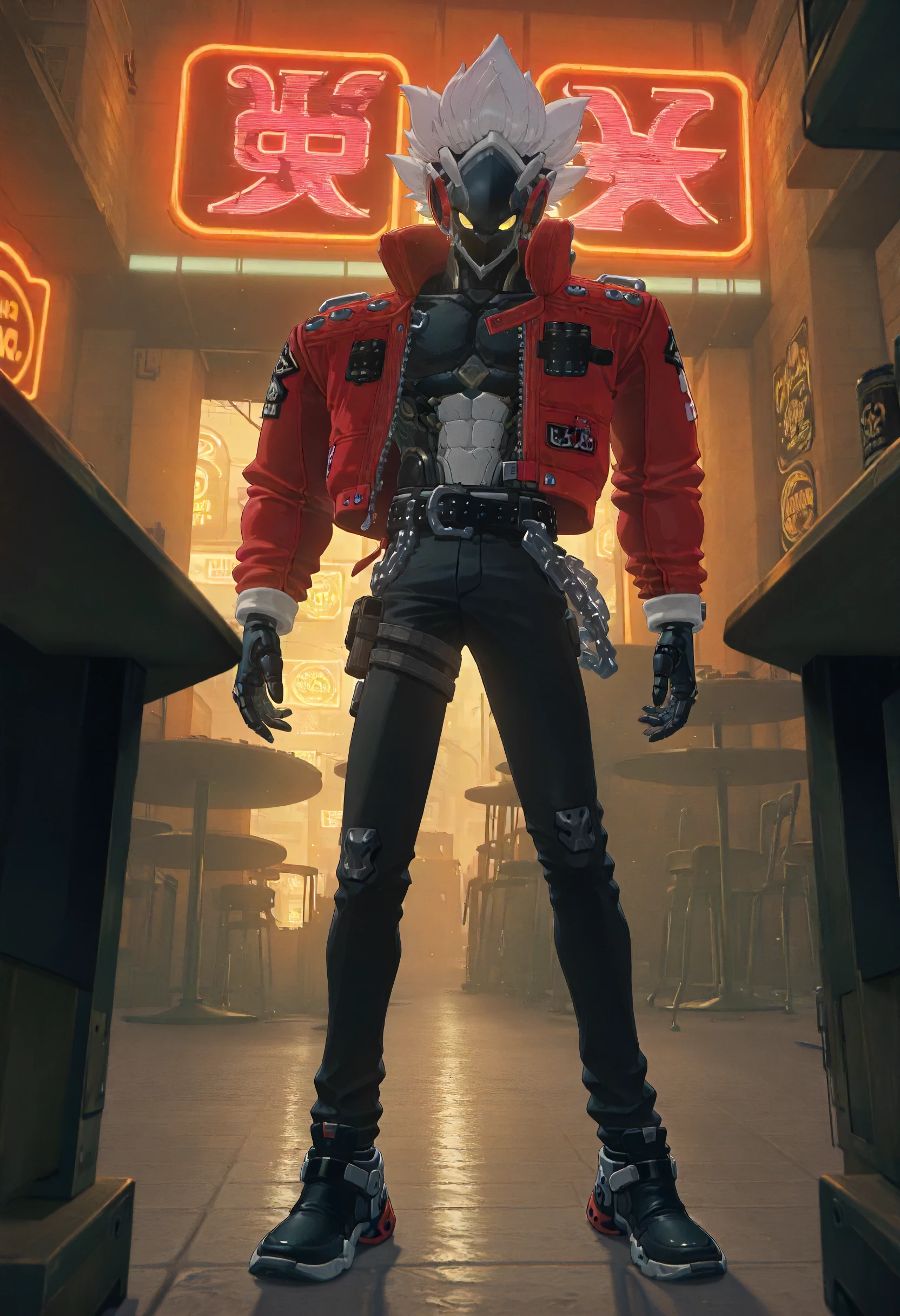 masterpiece, best quality, amazing quality, very aesthetic, absurdres, newest, scenery, volumetric lighting, ultra detailed,
1boy, Billy Kid, solo, robot, white hair, black mask, robot mask, yellow eyes, black robot chest, white robot abs, black robot hands, 
red jacket, jacket ornaments, belt, chain, black pants, black shoes,
underground bar, neon sign, stools, tables, detailed background, backlighting,
standing, looking at viewer, happy, smile, :D,
<lora:Billy_Kid_-_Zenless_Zone_Zero_ZZZ__Illustrious:1>
masterpiece, best quality, amazing quality, very aesthetic, absurdres, newest, scenery, volumetric lighting, ultra detailed,