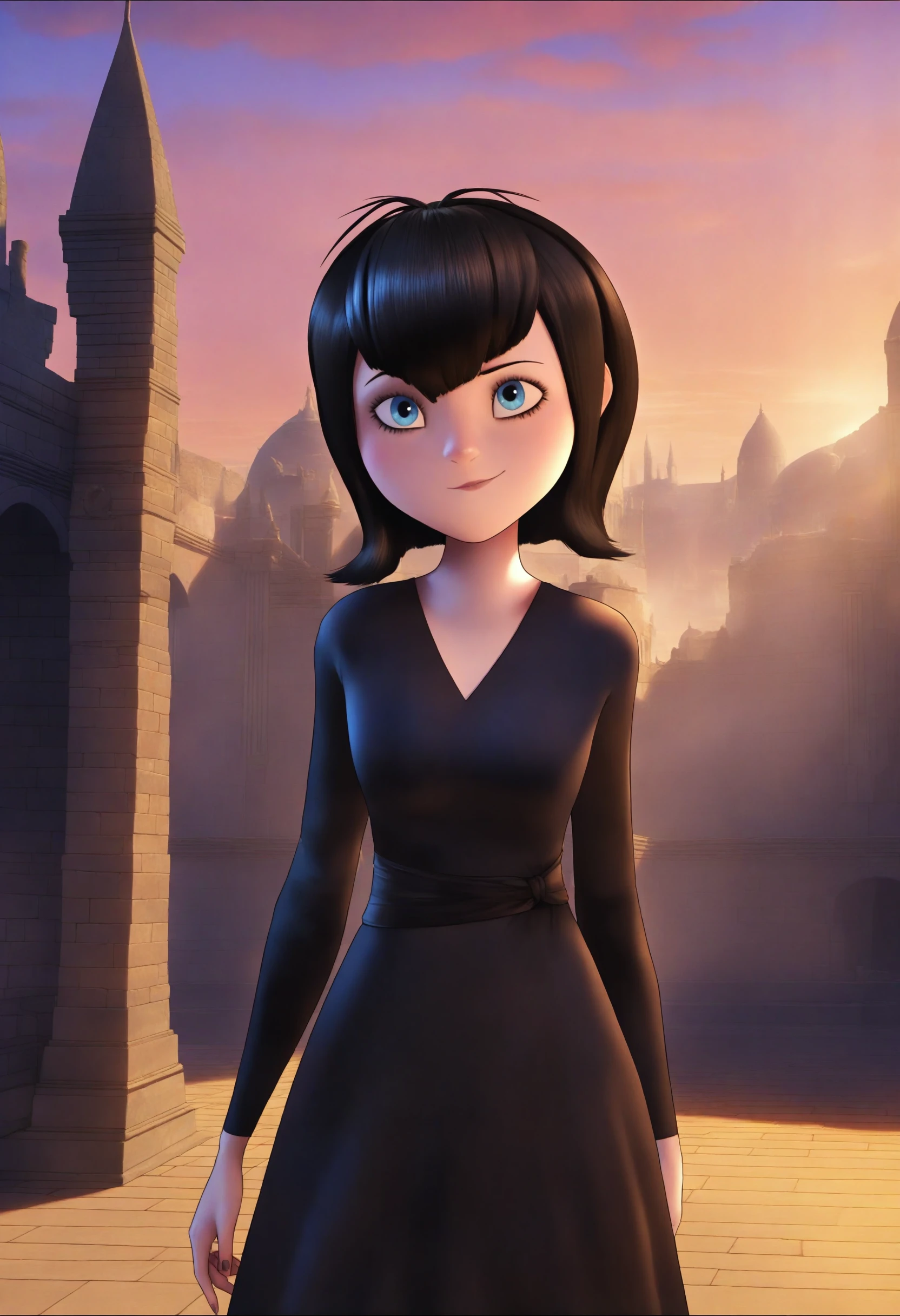 <lora:Mavis Dracula - [Hotel Transylvania] - illustriousXL v1:1>, sysdeep_mavis, black hair, blue eyes, solo, battle-ready outfit, posing, in front of an ancient castle, dusk, flickering torches,