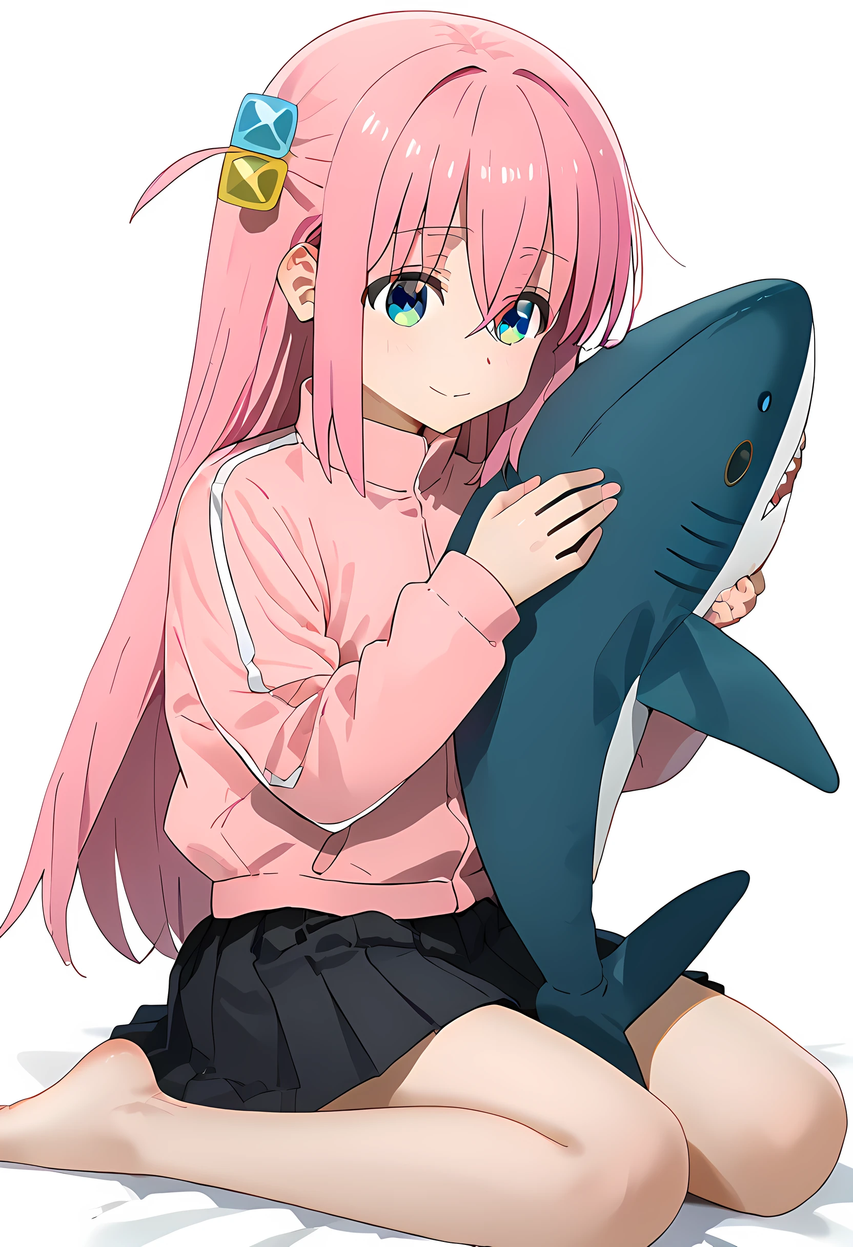 score_9, score_8_up, score_7_up, 1girl, solo, hitori gotou, blue eyes, cube hair ornament, hair between eyes, hair ornament, pink hair, one side up, long hair, black skirt, jacket, long sleeves, pink jacket, pleated skirt, skirt, track jacket, hugging, sitting, barefoot, shark, stuffed shark, simple background, <lora:Hugging_shark:1> <lora:hitori-gotou-s1-ponyxl-lora-nochekaiser:1>