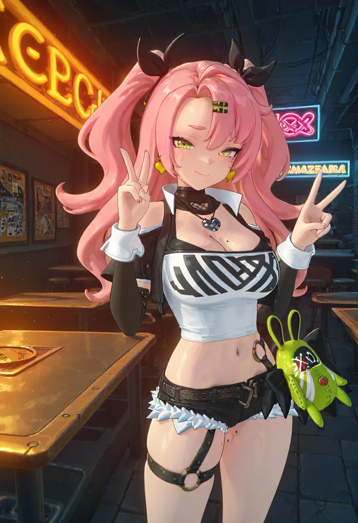masterpiece, best quality, amazing quality, very aesthetic, absurdres, newest, scenery, volumetric lighting, perfect eyes,
1girl, Nicole Demara,pink hair, hair ornaments, two ponytails, multi-colored eyes, yellow eyes, earrings,
collar, necklace, black and white shirt, cleavage, midriff, shoulder cut, detached sleeves, micro shorts, belts, mole under eye, mole on breast, mole on thigh, plushy on waist, single ragged thigh high,
standing, looking at viewer, mischievous smile, peace sign,
underground bar, neon sign, tables, chairs, detailed background, backlighting, night time, night,
<lora:Nicole_Demara_-_Zenless_Zone_Zero_ZZZ__Illustrious:1>
masterpiece, best quality, amazing quality, very aesthetic, absurdres, newest, scenery, volumetric lighting, perfect eyes,