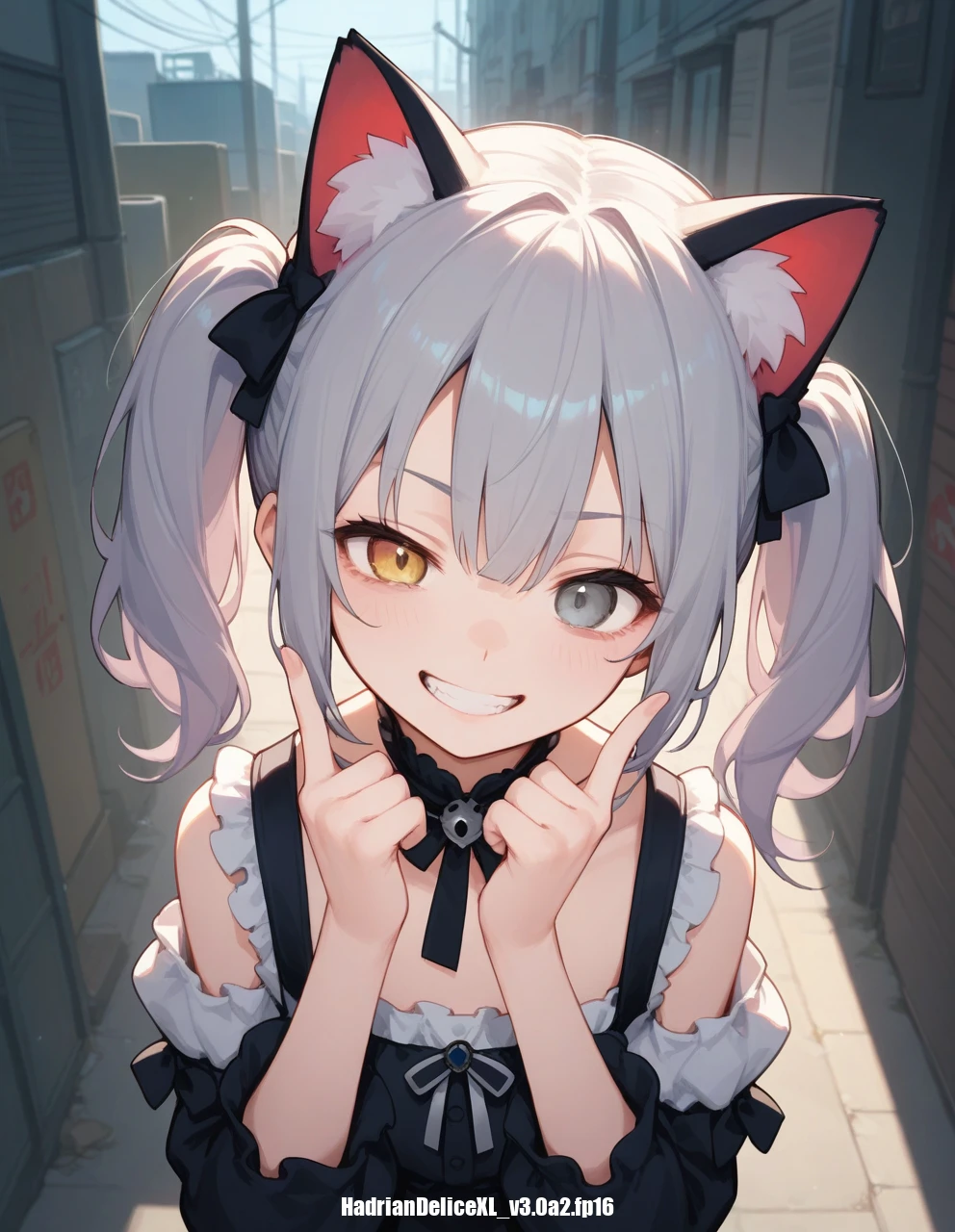 score_9,score_8_up,score_7_up, masterpiece,ultra-detailed CG illustration,top quality, best quality, ((uneven eyes)),wide-eyed, half-closed eye,  1girl,solo,vtuber, looking down,looking at viewer, from above,alley,cat ears, twintails, heterochromia, blue eye,grey eye,evil grin,hands up, ta fashion, gothic ta, shaded face,