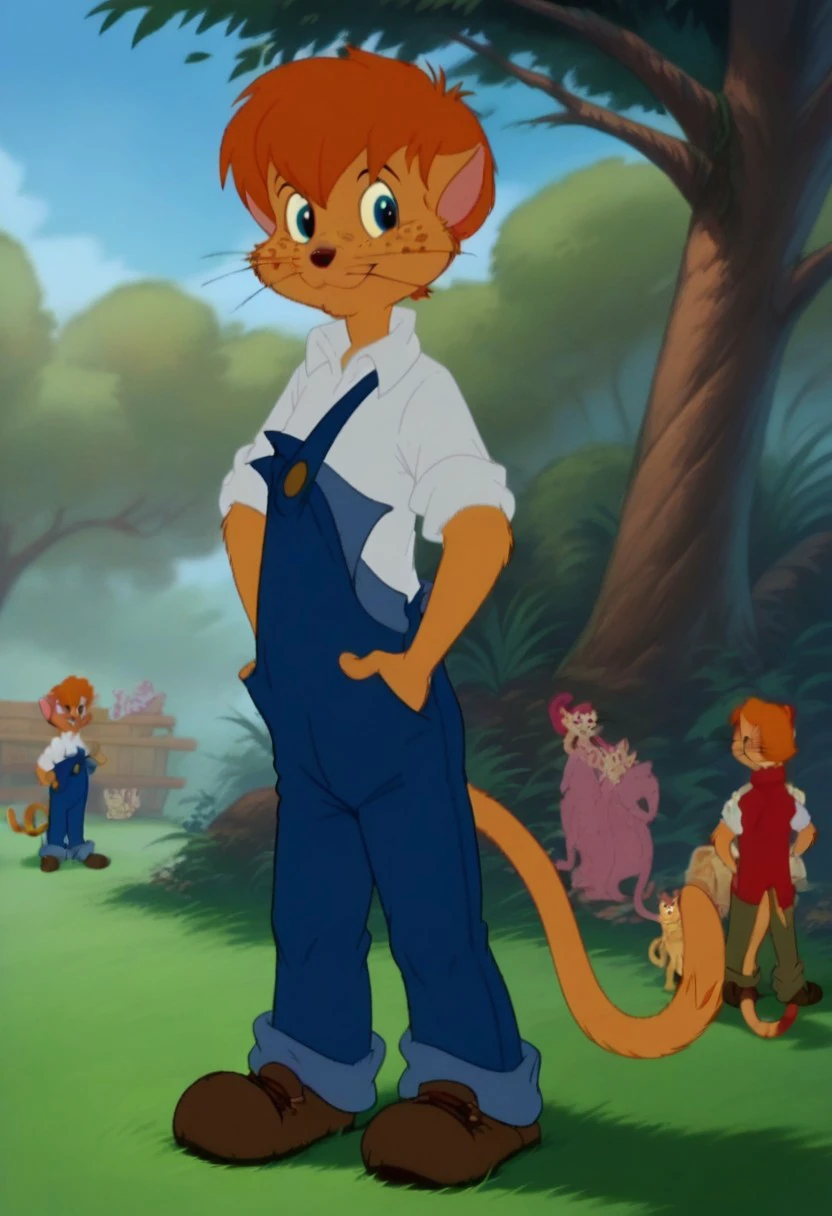 score_8, score_8_up, score_7_up, 1boy, female focus, solo, Tom_Sawyer, furry, feline, light orange fur, blue eyes, pointed ears, cat ears, orange hair, short hair, whiskers, small round nose, freckles face, blue overalls, short-sleeved white shirt, brown shoes, tail, full body, smile, standing, outside, forest, Sunny, looking at the viewer, happy, closed smile