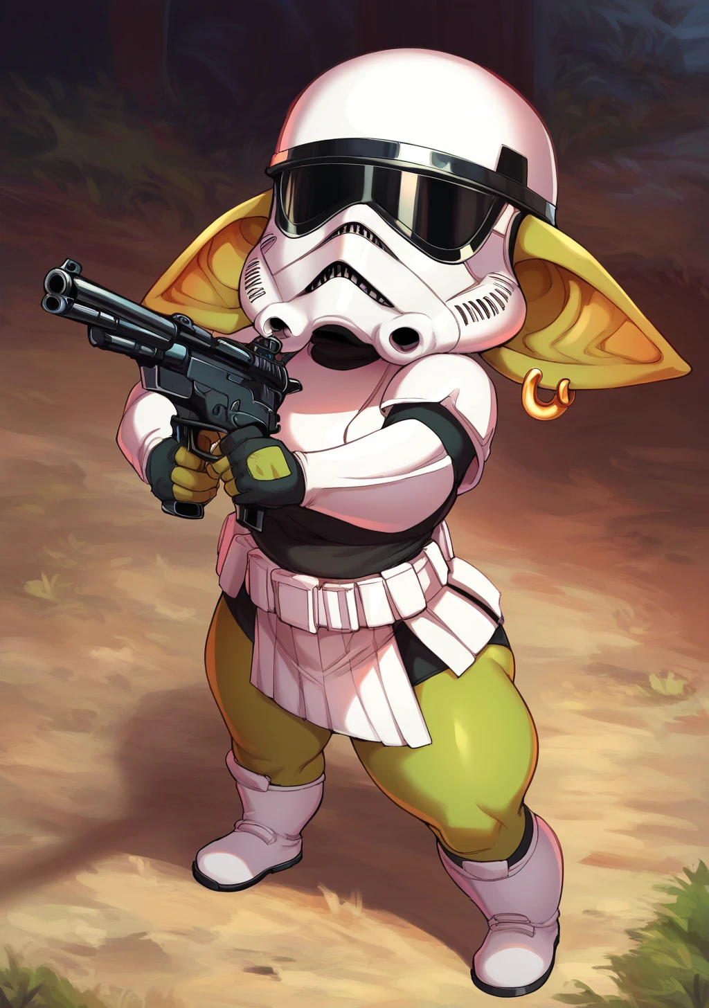 score_9, score_8_up, score_7_up, score_6_up, score_5_up, score_4_up, masterpiece, high quality, BREAK, full body, BREAK, 1girl,  <lora:Storm Trooper Outfit:0.9> Stormtrooper outfit, white helmet, white outfit, white armor, gun, solider, <lora:GoblinGirl_Concept:1> GobGirl, green skin, short, long ears, large ears, colored skin, monster_girl 1girl, pointy ears, goblin, shortstack, long pointy ears,  earrings, ear piercings,