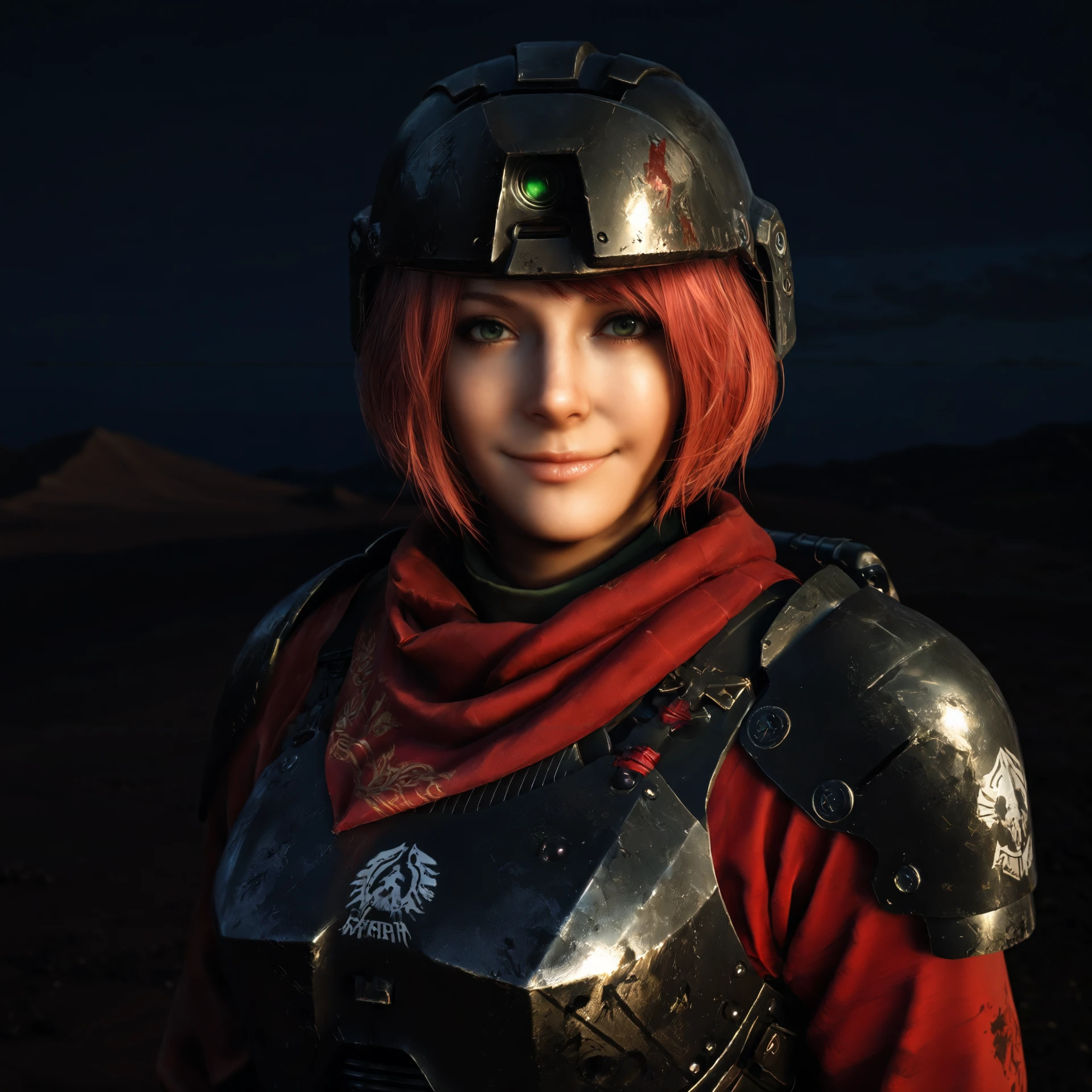 <lora:Ashley_Graham_resident_evil_4_remake:0.7> masterpiece, best quality, realistic, photorealistic, outdoors, night, dark, dark theme, backlighting, smile, looking at viewer, closed mouth, 1girl, solo, ashgrahamley, green eyes, red hair, short hair, spartan armor, helmet, shoulder armor, breastplate, red cape, desert