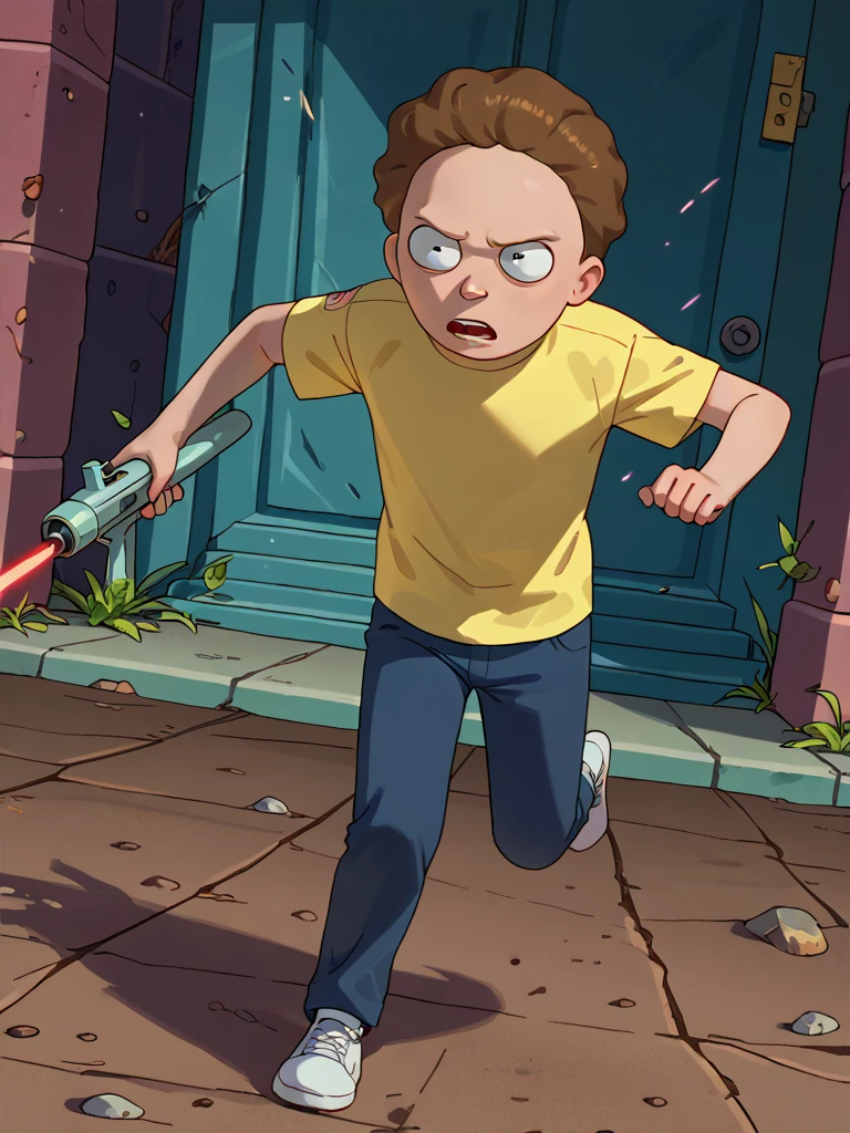 <lora:Artist_Style_-_LilBoots_PDXL:0.8> lilboots-dh, score_9, score_8_up, score_7_up, score_6_up, post-apocalypse, 
  <lora:Morty_Smith__Rick_and_Morty:0.8> morty smith, 1boy, solo, brown hair, short hair, yellow t-shirt, blue slacks, white sneakers, running for his life, action pose, shooting a laser rifle,