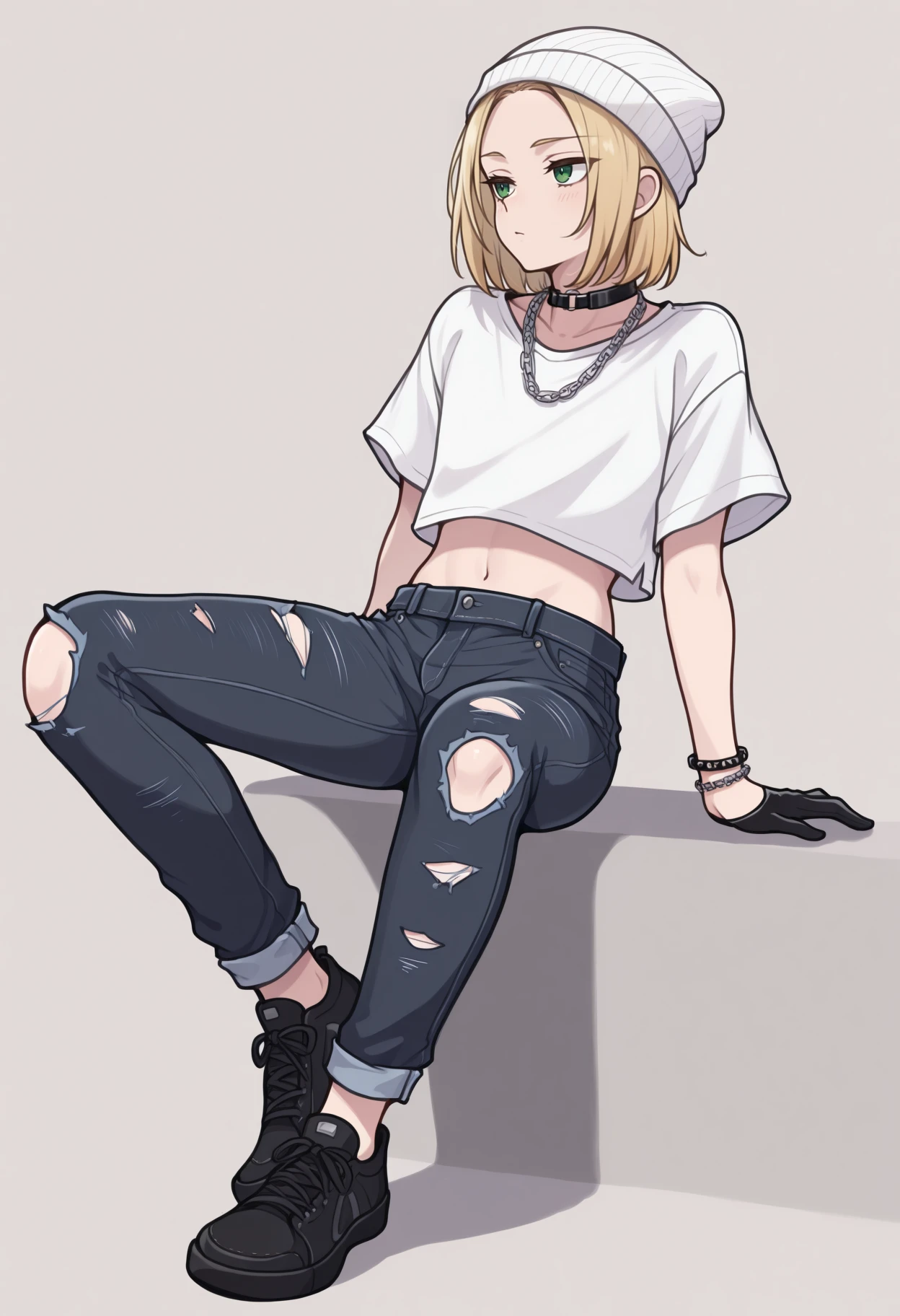 masterpiece, best quality, 1boy, solo, <lora:NSPolandHetalia:1> NSPolandMisc, medium hair, green eyes, blonde hair, androgynous, white beanie, white shirt, short sleeves, black choker, chain necklace, black half gloves, bracelet, midriff, jeans, torn jeans, black sneakers