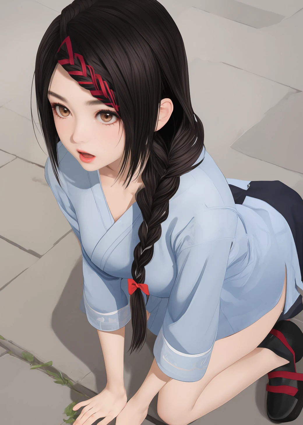 masterpiece,8k high quality detailed,highres,anime,<lora:velvia:0.6>,(solo:1.2),style \(illustraion\),full body,
<lora:AI_Girl_003_v2:0.65>,1girl,black hair,long hair,braid,hair ribbon,ribbon,hair ornament,brown eyes,lips,medium breasts,chinese clothes,long sleeves,shoes,detailed_face,(Surprised, Wide-open eyes, a raised brow, and an open mouth.),(Kneeling on one knee looking up),
<lora:more_details:0.4>,realistic clothing texture,realistic_skin_texture,