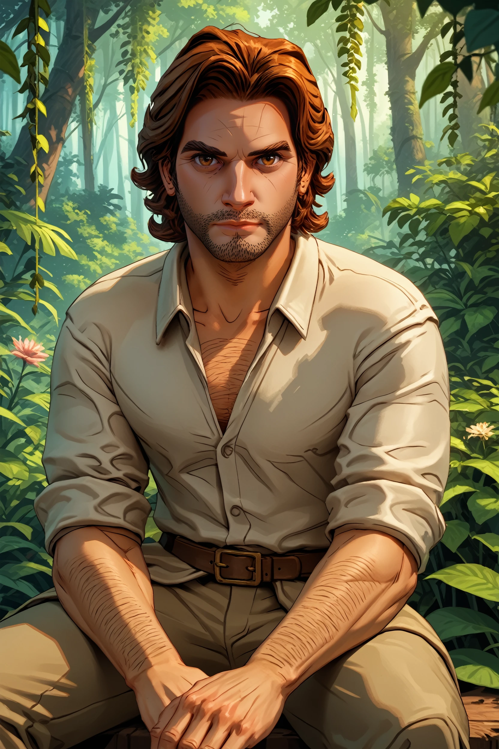 score_9, score_8_up, score_7_up,
<lora:WolfBigby:0.9>
WolfBigby, 1boy, brown hair, beard, brown eyes, looking at viewer, Rainforest canopy with sunbeams, vibrant and lush, sitting