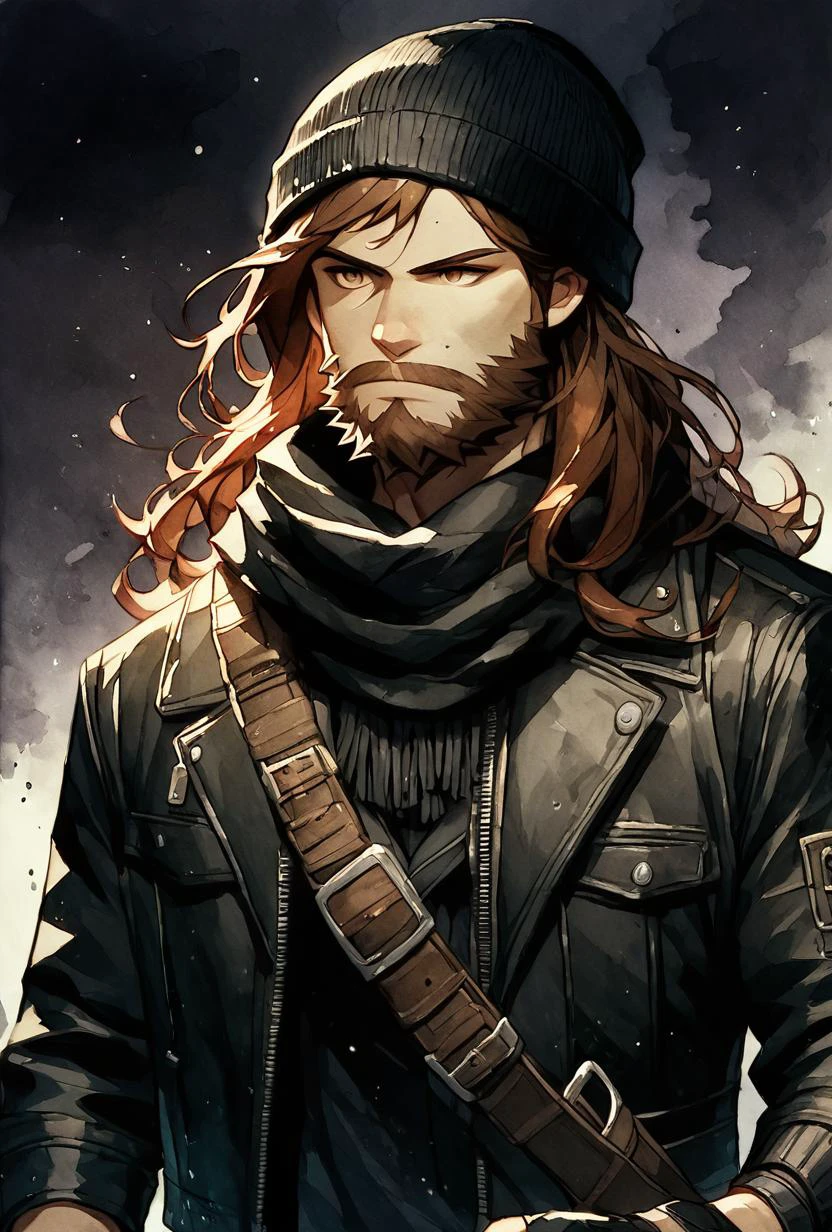 <lora:jeezo-10:0.8> jeezo, , facial hair, beard, brown hair, long hair, beanie, black fingerless gloves, long  jacket, black headwear, black jacket, long sleeves, black scarf, Bandolier, ((detailed dark background,))  <lora:Organic_Sauce:1> ((watercolor)), solo <lora:huge_weapon_pony:1> holding_sword, score_9, score_8_up, score_7_up, masterpiece, best quality