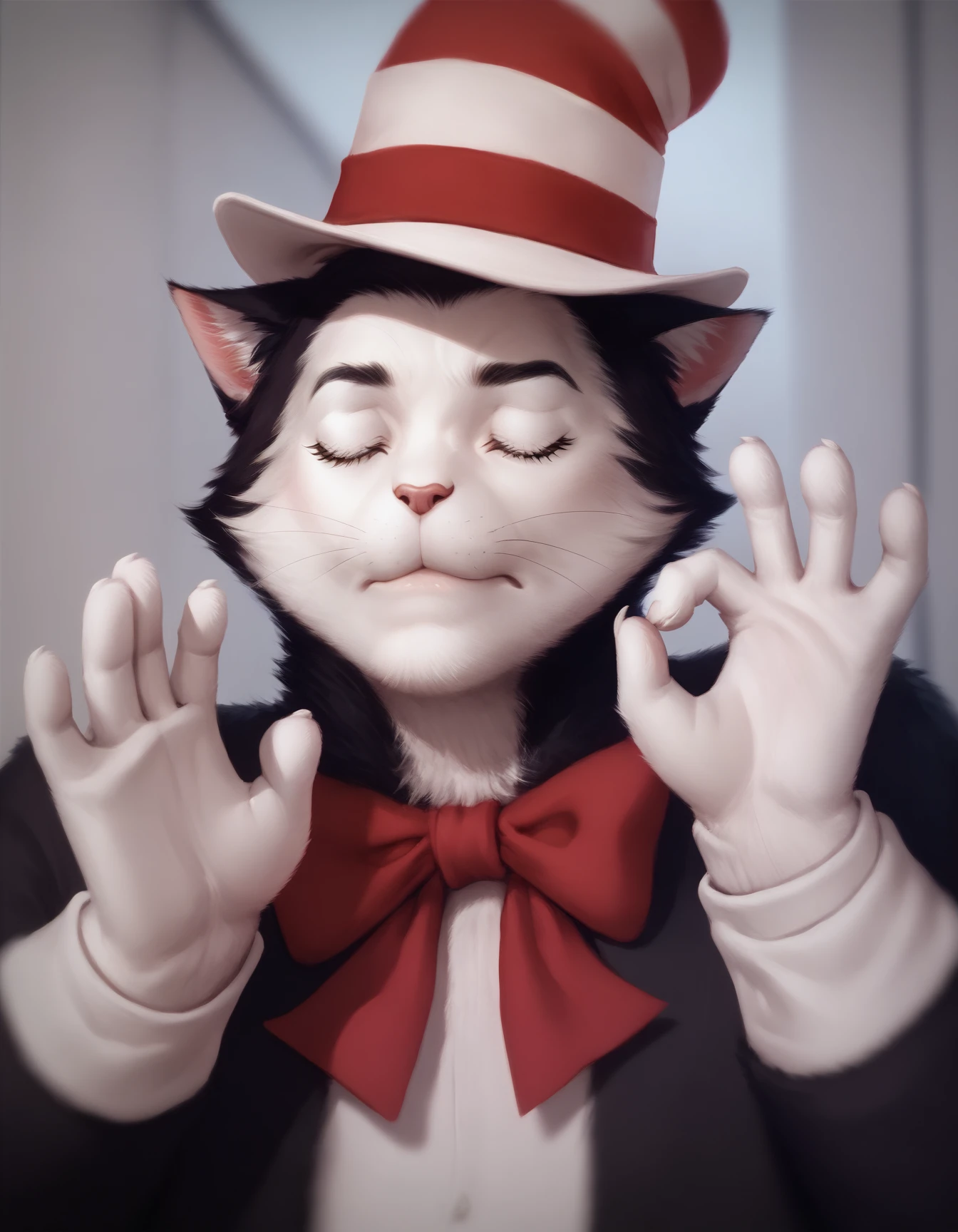 score_9, score_8_up, score_7_up, score_6_up,
Cat_in_the_Hat, black fur, white face, red-and-white striped hat, red bow, cat ears, pachameme, hands up, ok sign, closed eyes <lora:PachaMeme_pdxl_Incrs_v1:0.9> solo, portrait, closed mouth
<lora:Cat_in_the_Hat_XL:0.7>