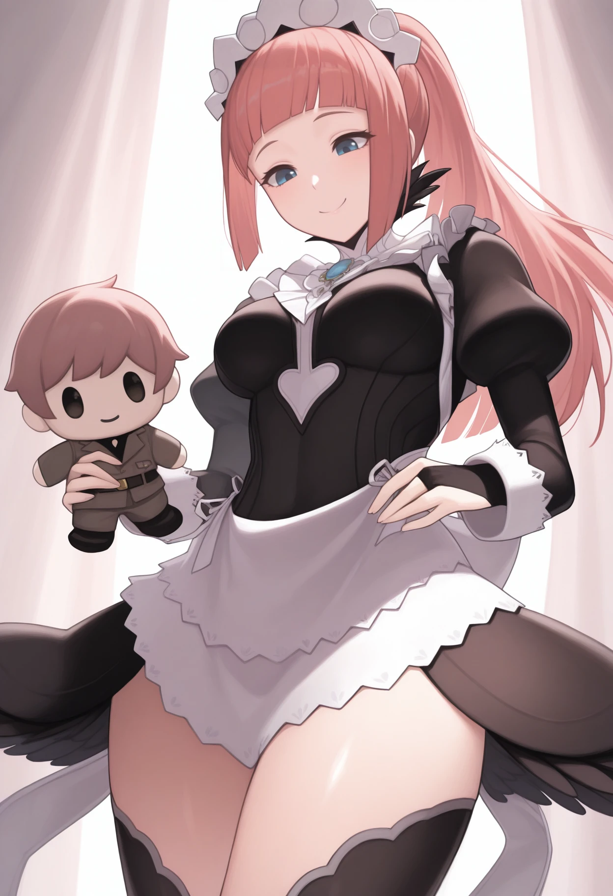 masterpiece, best quality, 1girl, solo, <lora:commanderdoll-nikke-richy-v1_ixl:1> holding doll, commander doll, <lora:felicia-fe-richy-v1_ixl:0.9> f1cdf, blue eyes, pink hair, long hair, ponytail, sidelocks, blunt bangs, maid headdress, black feathered collar, blue brooch, medium breasts, maid, juliet sleeves, maid apron, bridal gauntlets, black thighhighs, thighs, smile, looking down, from above