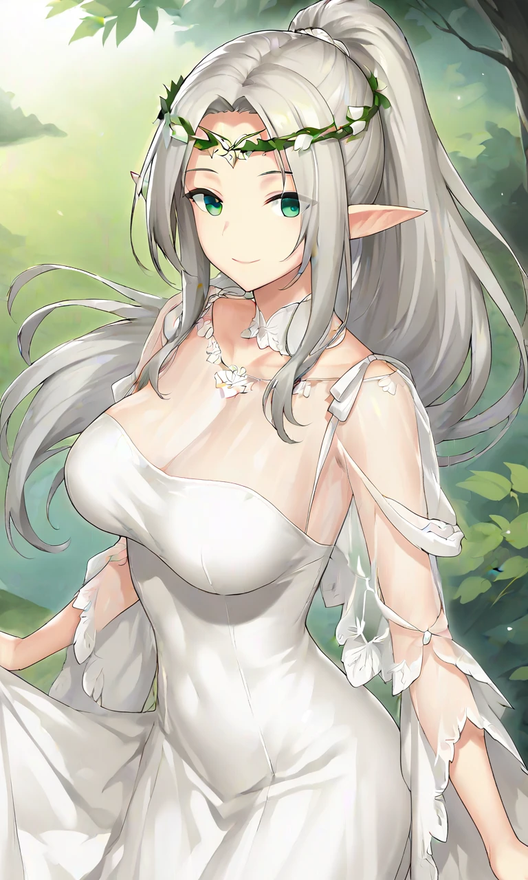 1girl,solo,pointy ears,long hair,elf,green eyes,silver hair,head wreath,large breasts,(white dress),ponytail,looking at viewer,outdoors,smile,high ponytail,closed mouth,circlet,floating hair,