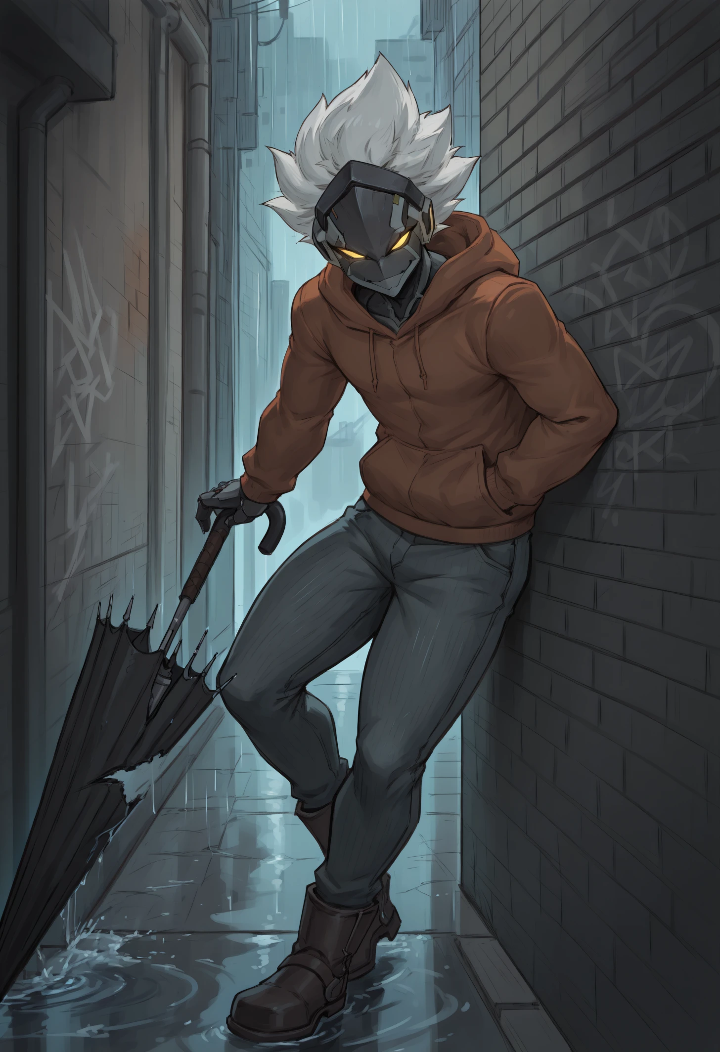 masterpiece, best quality, 1boy, zzzblkd, cyborg, robot joints, short hair, white hair, spiked hair, yellow eyes, glowing eyes, mechanical hands, mechanical parts, robot ears, no mouth, 
Rain-soaked alley, leather boots, ripped jeans, graffiti walls, glowing cigarette, leaning against brick wall, intense gaze, soaked hoodie, water pooling at feet, faint streetlight, heavy rain, broken umbrella, distant footsteps, urban grit, shadowy vibe, sharp smirk
<lora:zzzblkd_idxl_EliPot:1>