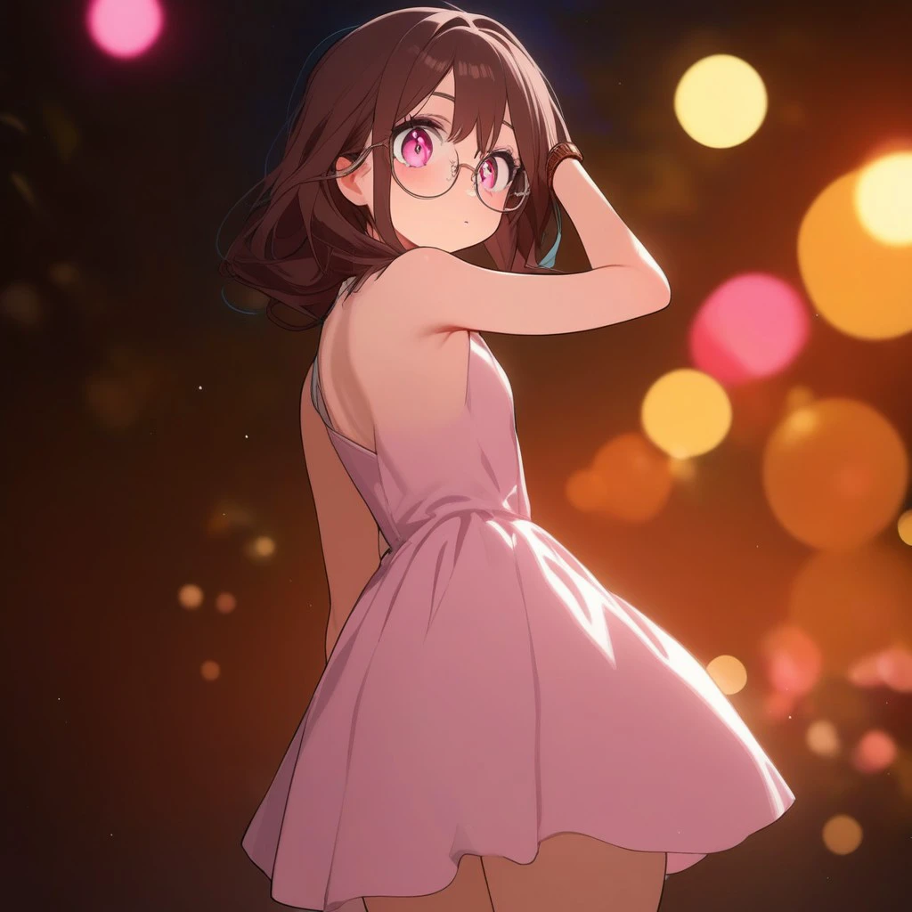 (masterpiece), best quality, view from back, looking over shoulder, outdoors, night, blurred lights, natural colors, depth of field BREAK perfect face, expressive eyes, large round glasses, pink eyes, short brown hair, (intricate pink dress, embroidered pink dress)bare legs, brown leather knee-high boots, brown leather wrist watch, BREAK left hand on cheek, (((right arm bent in front))), <lora:eea8cb71-4b3c-4b27-8be6-010a624ac062:0.7>