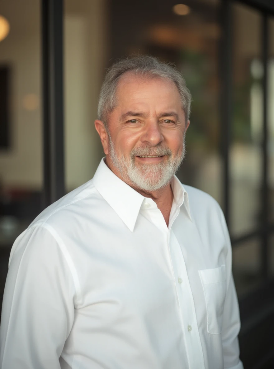 portrait of lul4pt man, posing on a office, glass window, serene and warm, natural lighting, soft focus, high-resolution, elegant and introspective atmosphere, quiet sophistication, wearing a white shirt all buttons closed, slight smile

