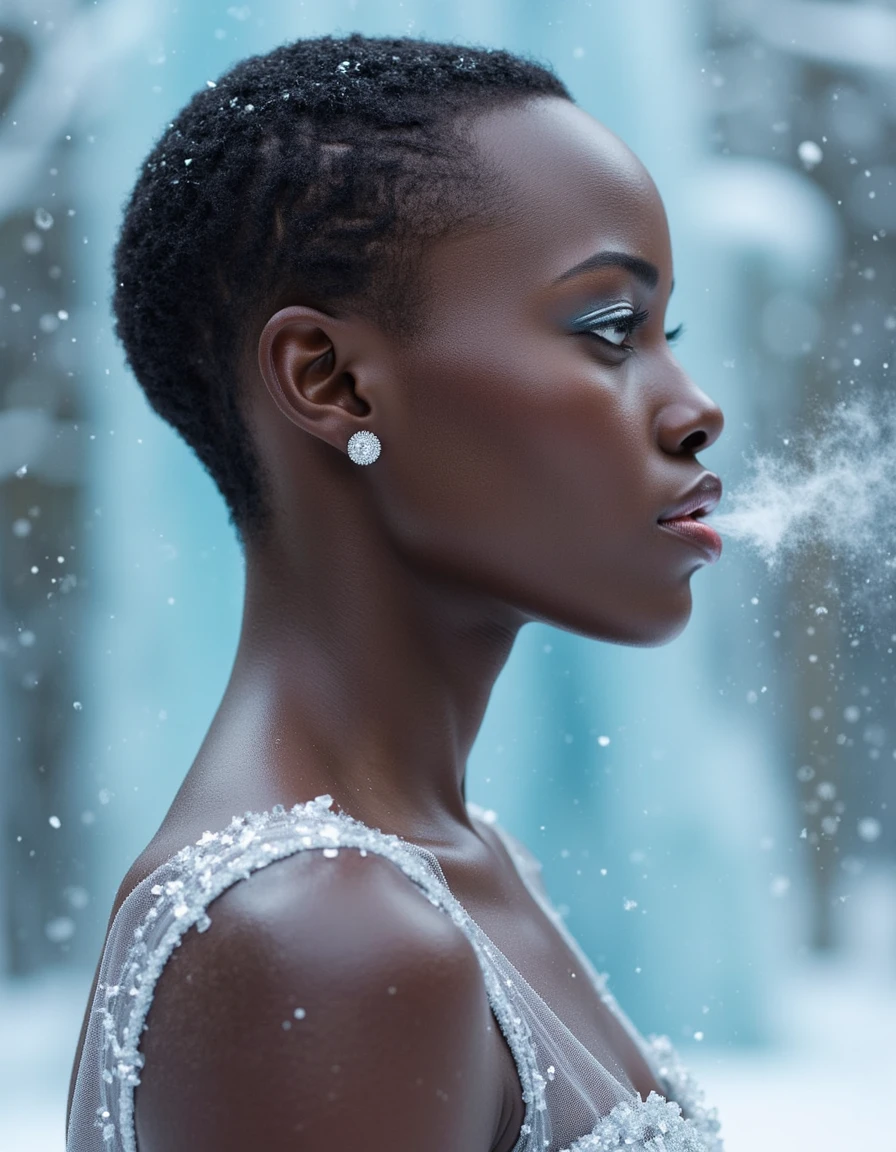 lupita-nyongo, a portrait of her in profile view, gazing off into the distance with her lips puckered.  There is icy breath coming from her lips and she is wearing silvery white eyeshadow and lipstick.  She is wearing a shimmering silver dress and the image is ice-themed with a fairy tale aesthetic to it.  <lora:flux_lupita-128:1.1>