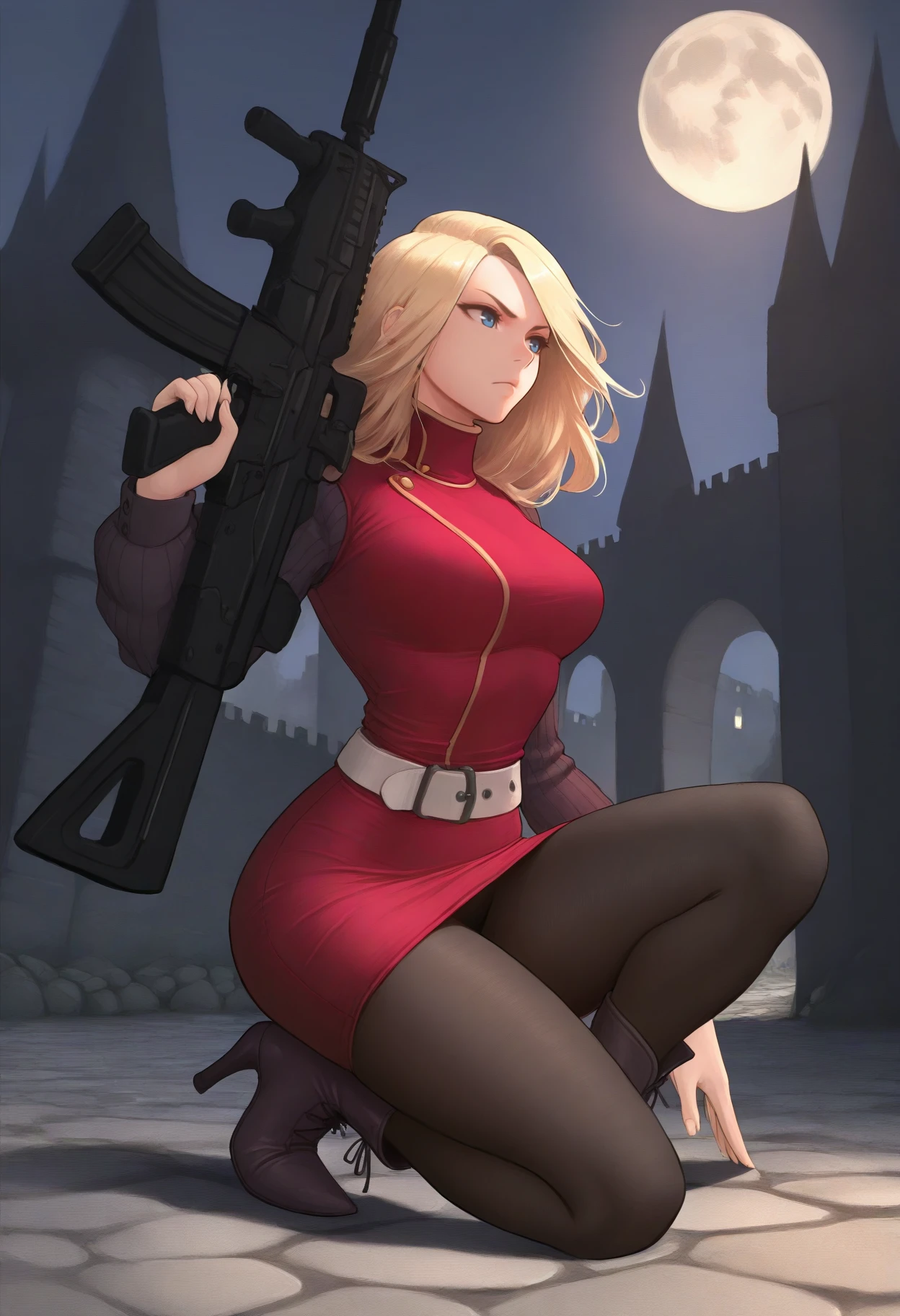 masterpiece, best quality, 1girl, on one knee, holding gun, assault rifle, <lora:YokoCV-illu:*****koCV, blonde hair, long hair, blue eyes, red dress, pencil dress, medium breasts, serious, turtleneck, long sleeves, sweater, white belt, black pantyhose, ankle boots, high heel boots, cobblestone, outdoors, full moon, castle