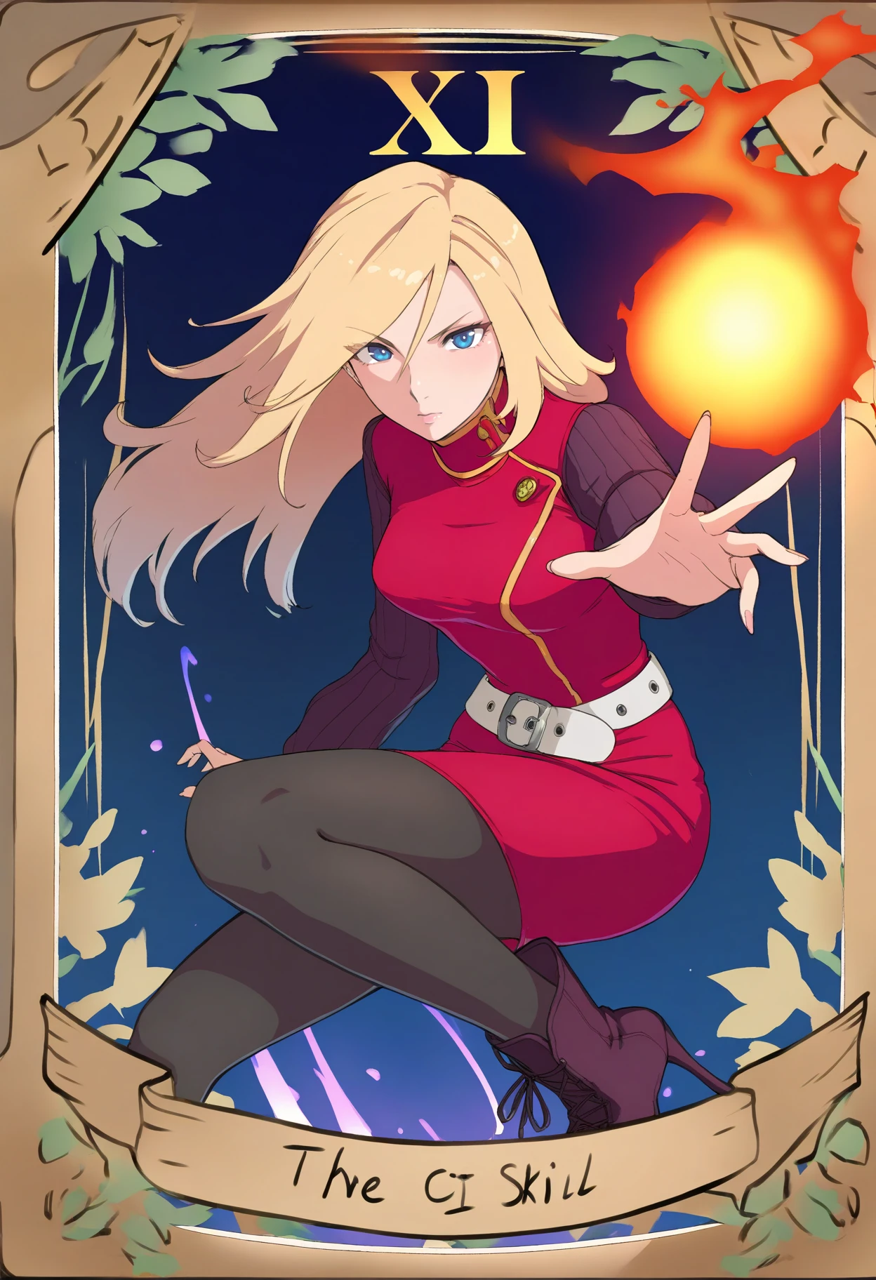 masterpiece, best quality, 1girl, tarot \(medium\), <lora:YokoCV-illu:*****koCV, blonde hair, long hair, blue eyes, red dress, pencil dress, medium breasts, turtleneck, long sleeves, sweater, white belt, black pantyhose, ankle boots, high heel boots, casting spell, fireball, looking at viewer