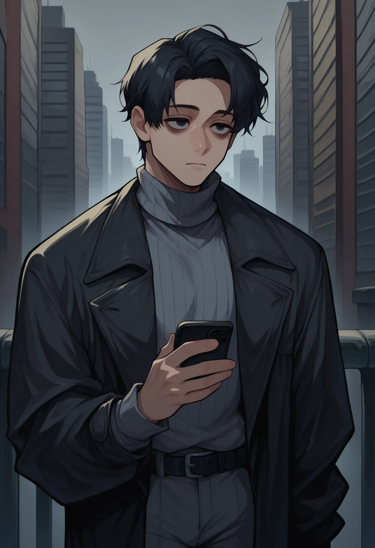 anime, masterpiece, best quality, <break> cowboy shot, solo, male focus, 1boy, okk0tsu, expressionless, looking away, standing, holding phone, short hair, black hair, parted bangs, black eyes, bags under eyes, black coat, open coat, long sleeves, grey sweater, ribbed sweater, turtleneck, grey pants, black belt, outdoors, city, fog
<segment:yolo-Anzhc Face seg 640 v2 y8n.pt,0.4,0.5//cid=1>