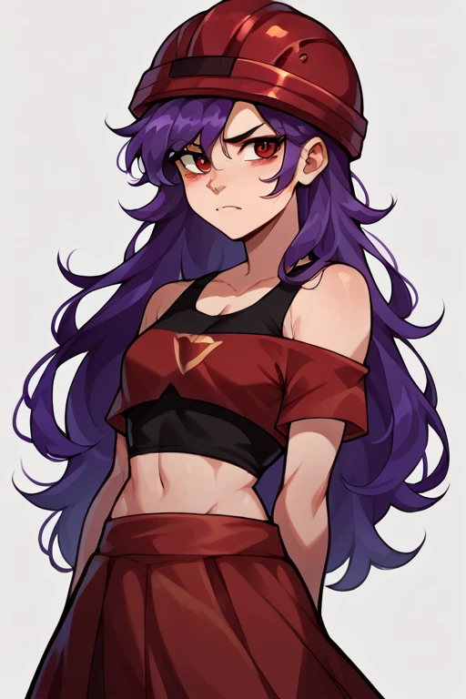 2D, score_9, score_8_up, score_7_up, BREAK, 1girl, solo, D0ll, Purple Hair, long hair, Red Eyes, Human, red helmet, Red Crop Top, Black Tank top, red skirt