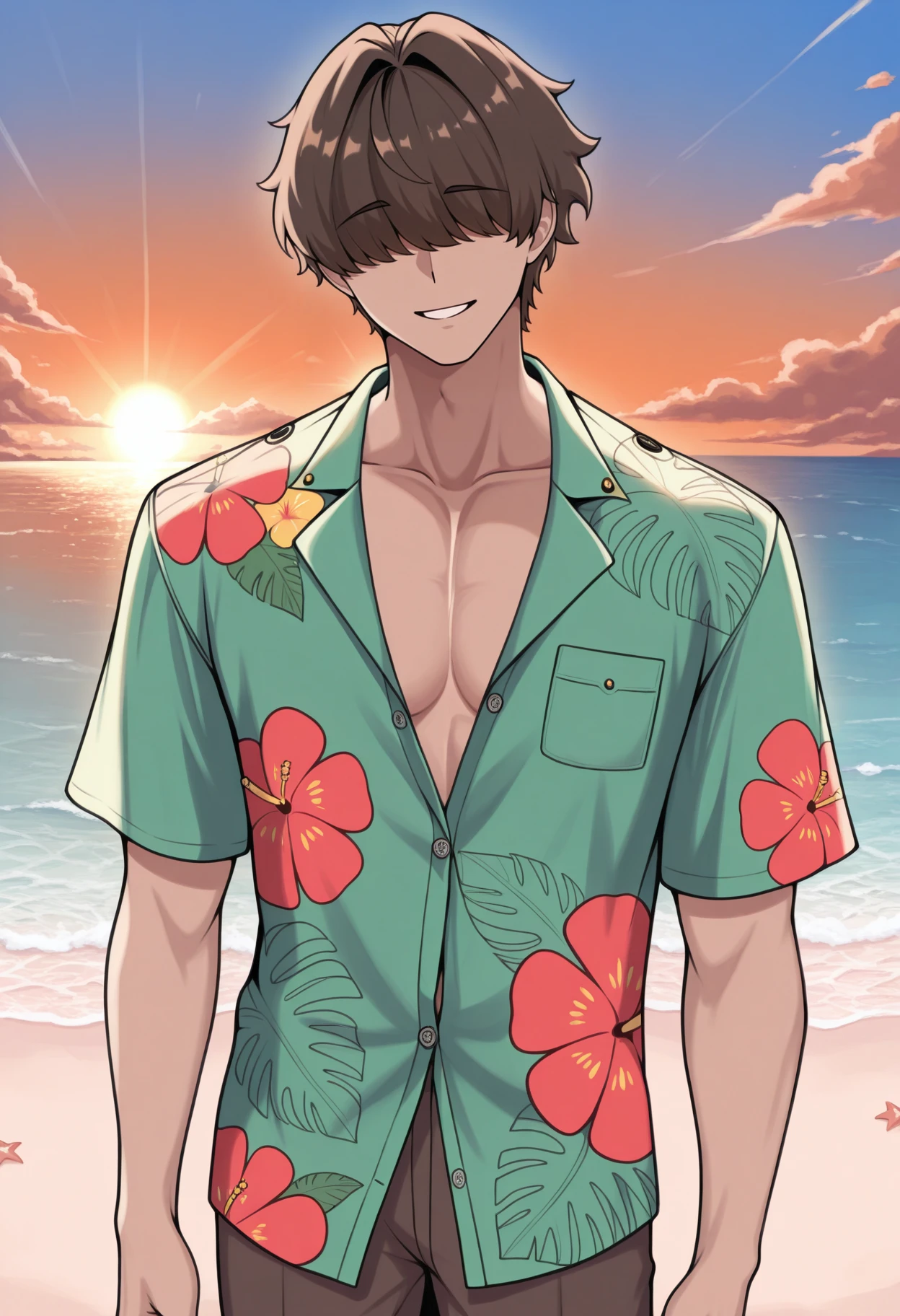 masterpiece, best quality, 1boy, solo, male focus, <lora:commander-nikke-richy-v1_ixl:1> nikke-commander, hair over eyes, brown hair, short hair, hawaiian shirt, outdoors, beach, sunlight, smile, standing, partially unbuttoned, ocean, sunset