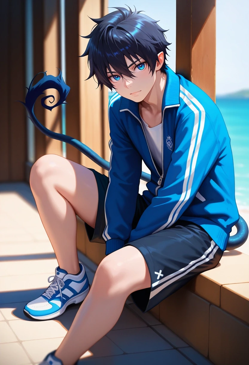 masterpiece, best quality, intricate details, (realistic:0.6), looking at viewer, depth of field, 1boy, solo, male focus, <lora:rin_okumura_ilxl:0.86>, rin_okumura, black hair, blue eyes, short hair, hair between eyes, , tail, , , Geometric Cargo swim trunks, Zip-up track jacket, High-top sneakers, ,