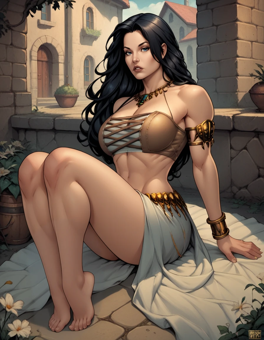 Exotic Dark long hair ,Nude, looking over her shoulder showing her ass, Uma belissima Paladina, longos cabelos dourados e sedosos, olhos azuis-turquesa, middlebreasts, usando uma exuberante armadura prateada criada especialmente para ela, figura nobre e atraente, Standing in front of a cathedral of a mythical goddess of divine light, art direction John Buscema