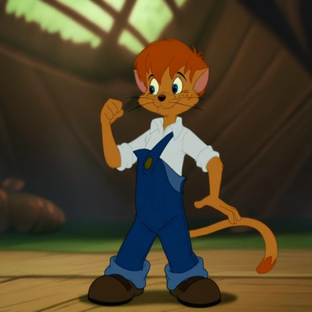 short hair, standing, freckles face, short-sleeved white shirt, 1boy, brown shoes, Tom_Sawyer, cat ears, orange hair, expressive eyes, furry, blue overalls with one strap undone, Score_9, solo, whiskers, small round nose, smile, blue eyes, pointed ears, full body, in a forest, feline, tail