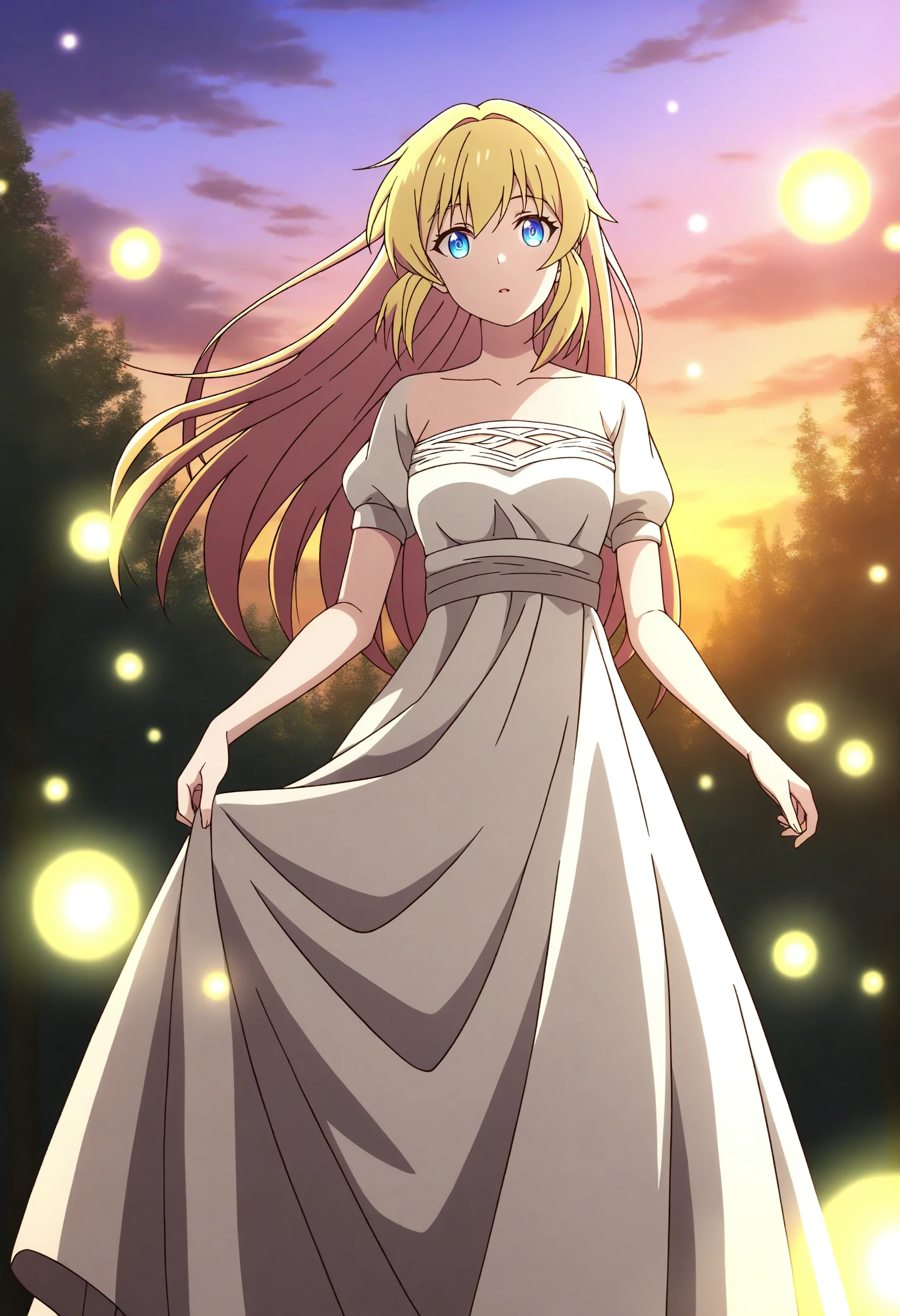 <lora:Azusa Aizawa - [Slime Taoshite 300 Nen] - illustriousXL v1:1>, blonde hair, blue eyes, solo, flowing gown, standing, in an enchanted forest, twilight, glowing fireflies,