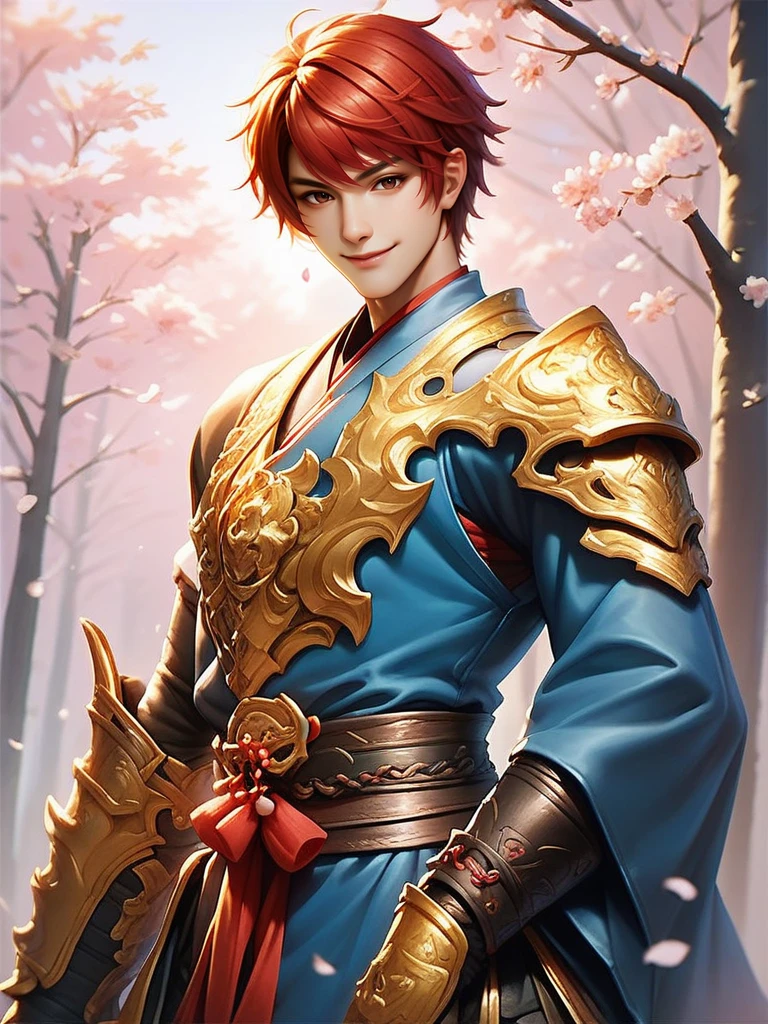 score_9, score_8_up, score_7_up, 1boy, looking at viewer, cowboy shot, smile, wide shot, solo, dutch angle, detailed background, cherry blossoms, forest,
<lora:ADonghuaMaleXL_style:0.8>,DonghuaXLP, short hair, red hair, brown eyes, bangs, golden armor, japanese clothes, evil smile,